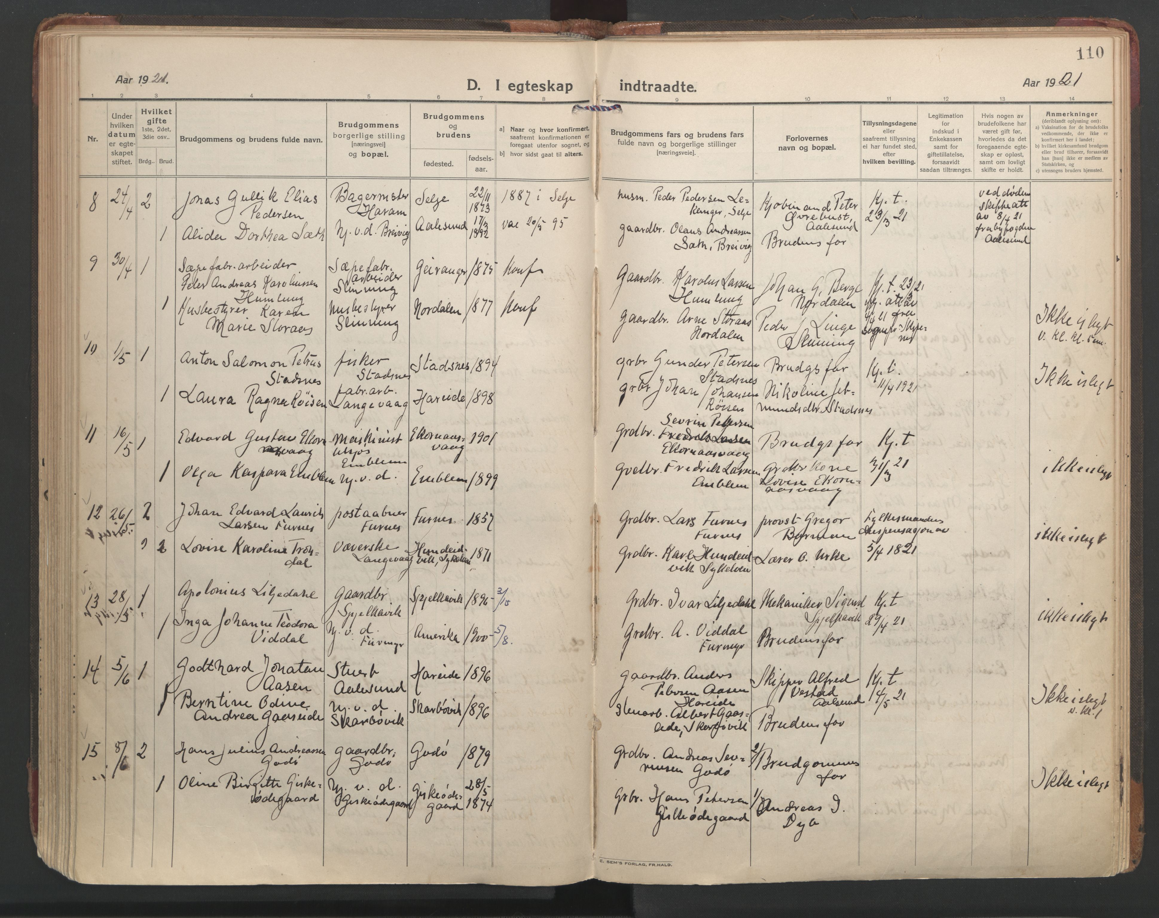 Ministerialprotokoller, klokkerbøker og fødselsregistre - Møre og Romsdal, SAT/A-1454/528/L0412: Ministerialbok nr. 528A21, 1920-1926, s. 110