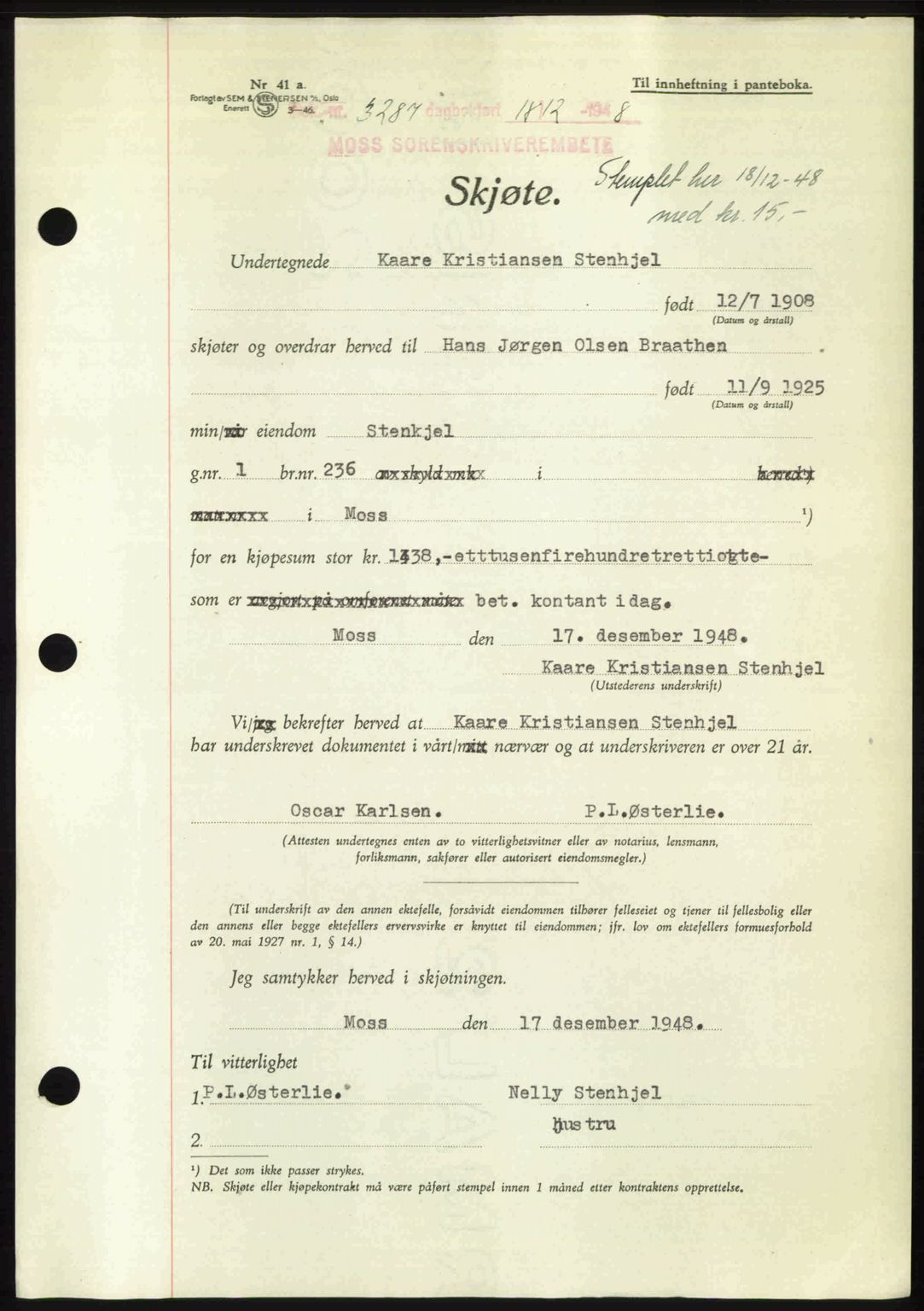 Moss sorenskriveri, SAO/A-10168: Pantebok nr. A20, 1948-1948, Dagboknr: 3287/1948