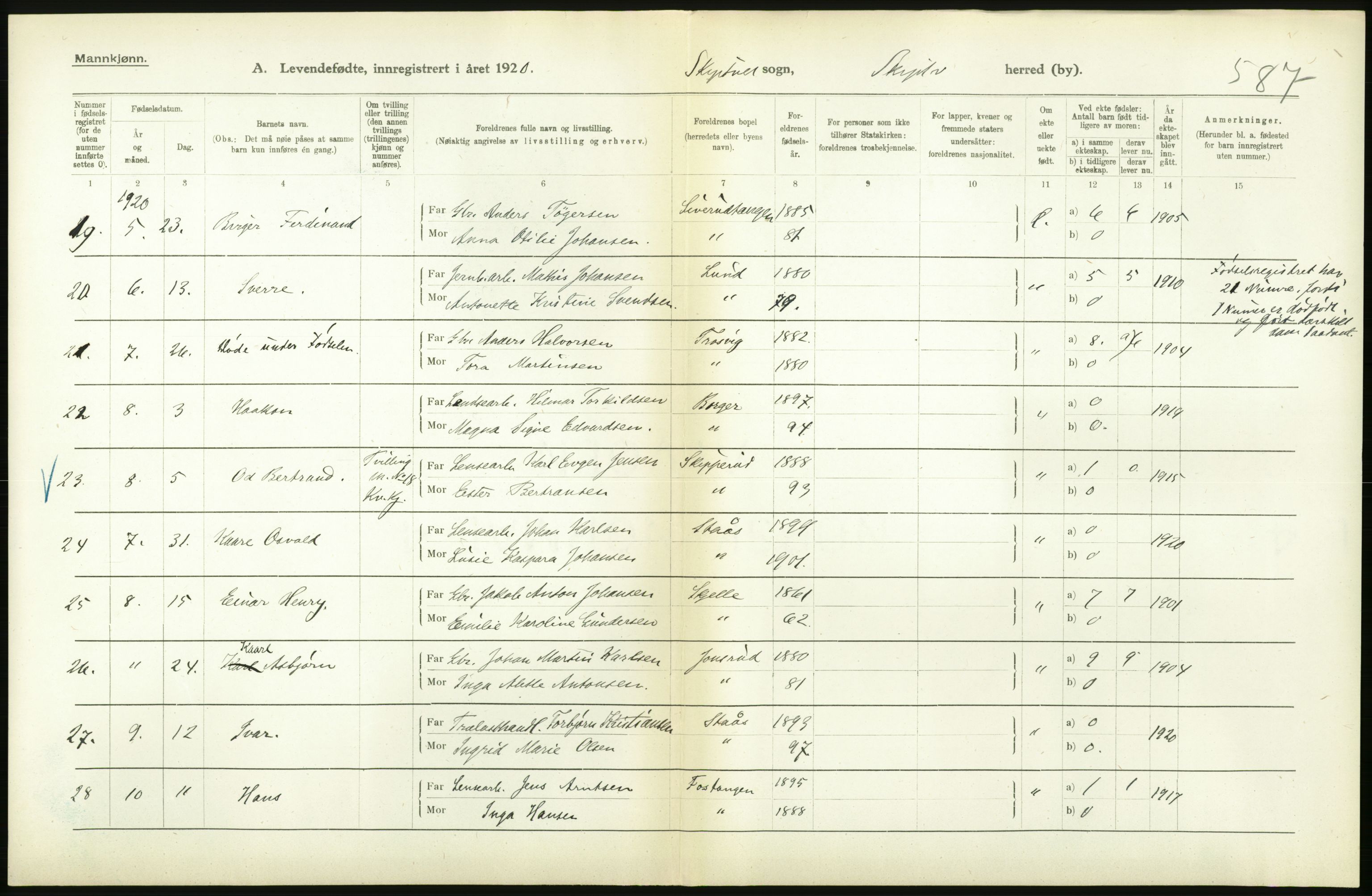 Statistisk sentralbyrå, Sosiodemografiske emner, Befolkning, AV/RA-S-2228/D/Df/Dfb/Dfbj/L0001: Østfold fylke: Levendefødte menn og kvinner. Bygder., 1920, s. 330