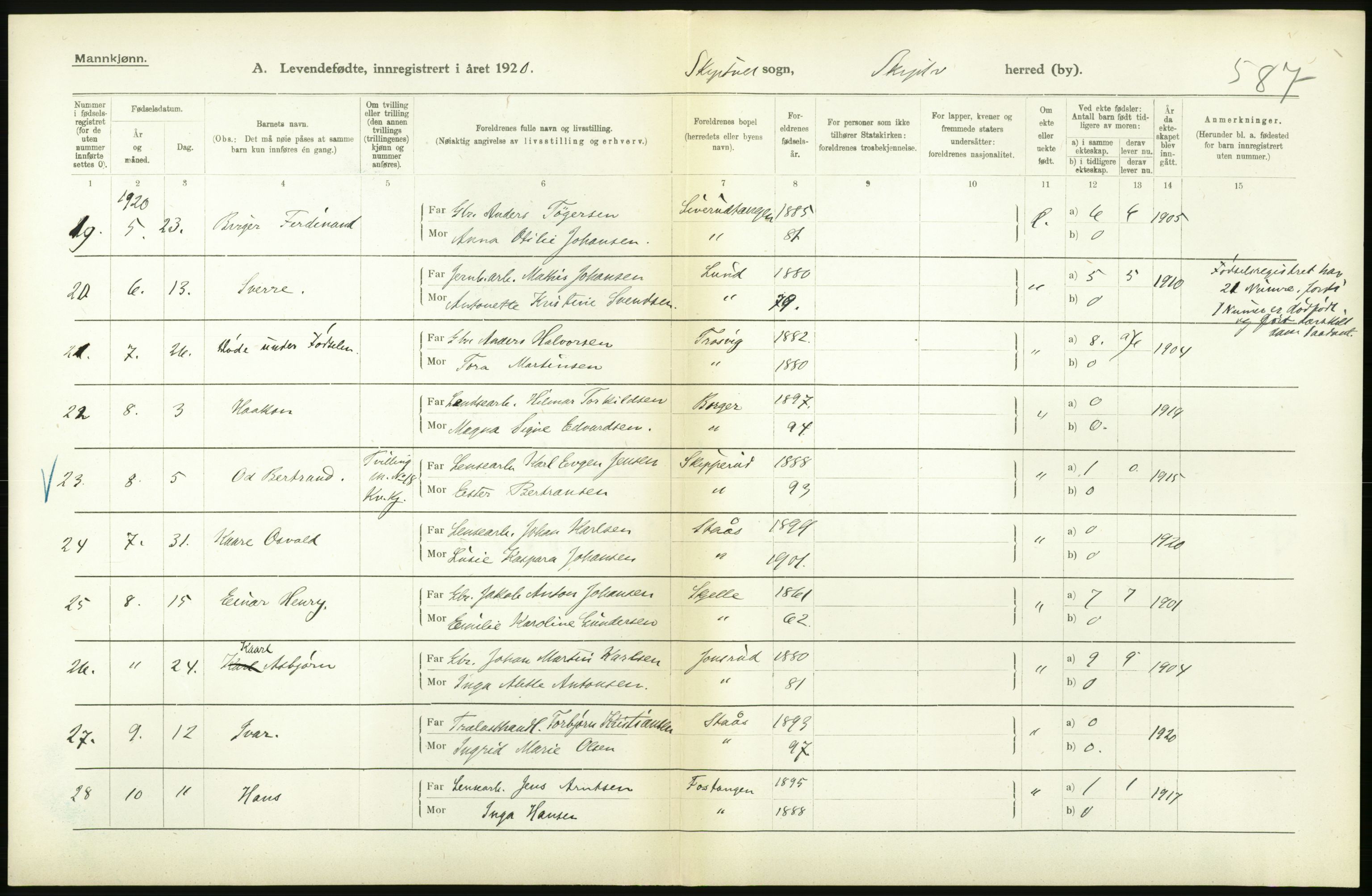 Statistisk sentralbyrå, Sosiodemografiske emner, Befolkning, RA/S-2228/D/Df/Dfb/Dfbj/L0001: Østfold fylke: Levendefødte menn og kvinner. Bygder., 1920, s. 330