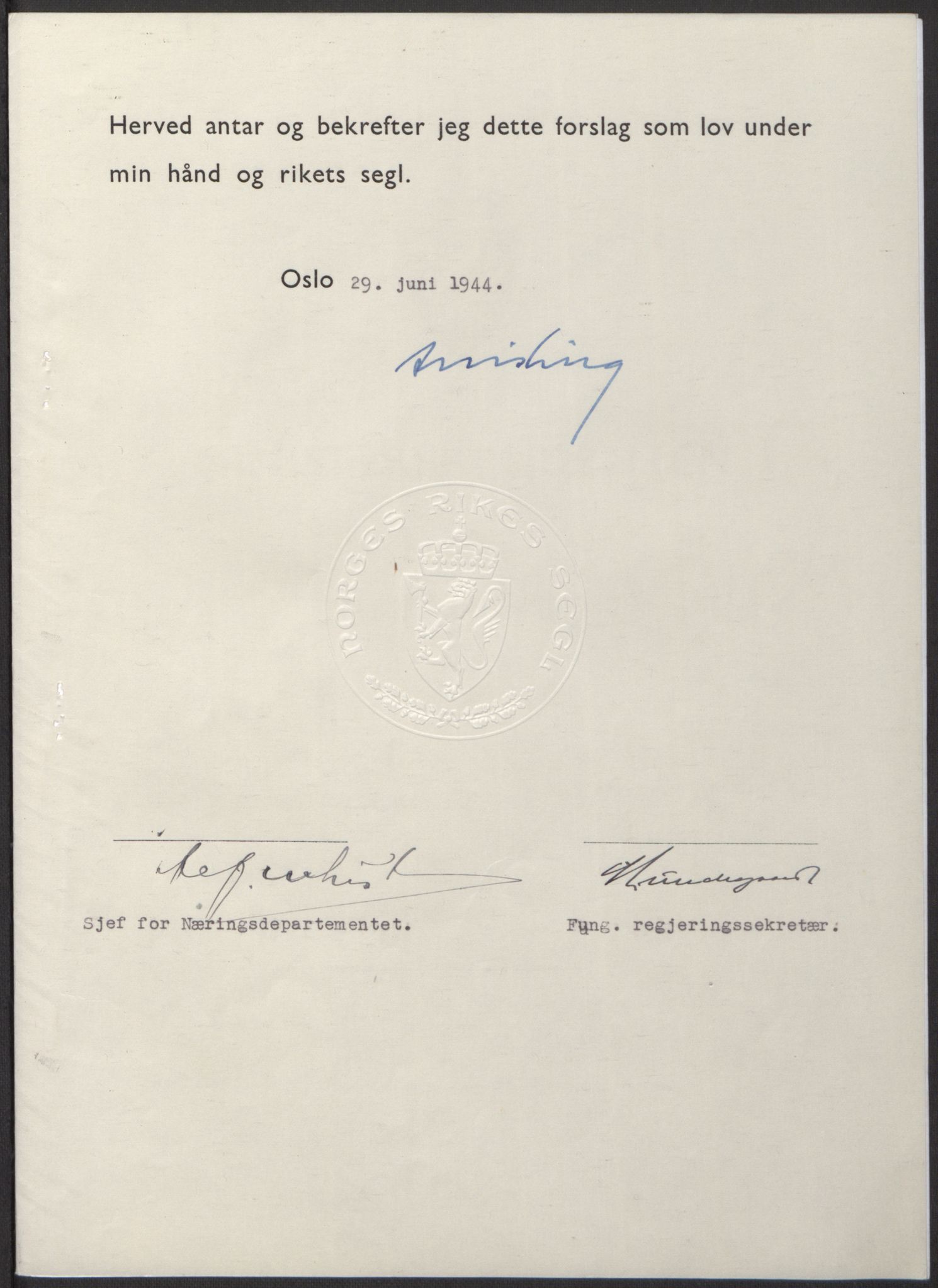 NS-administrasjonen 1940-1945 (Statsrådsekretariatet, de kommisariske statsråder mm), RA/S-4279/D/Db/L0100: Lover, 1944, s. 302
