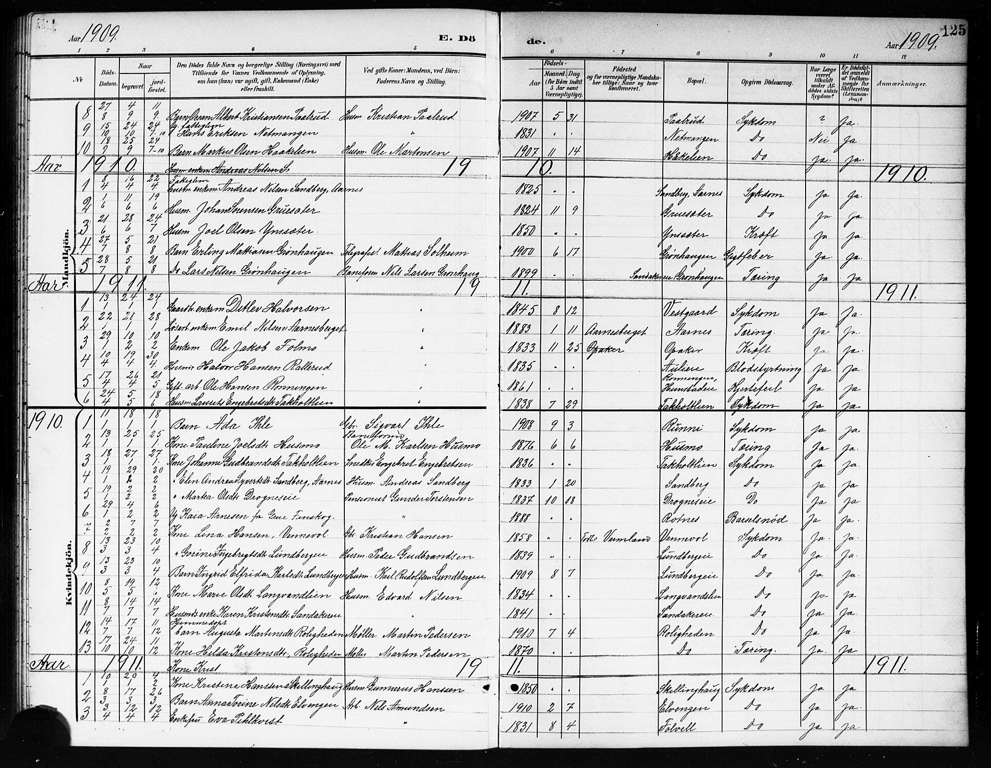 Nes prestekontor Kirkebøker, AV/SAO-A-10410/G/Gc/L0001: Klokkerbok nr. III 1, 1901-1917, s. 125