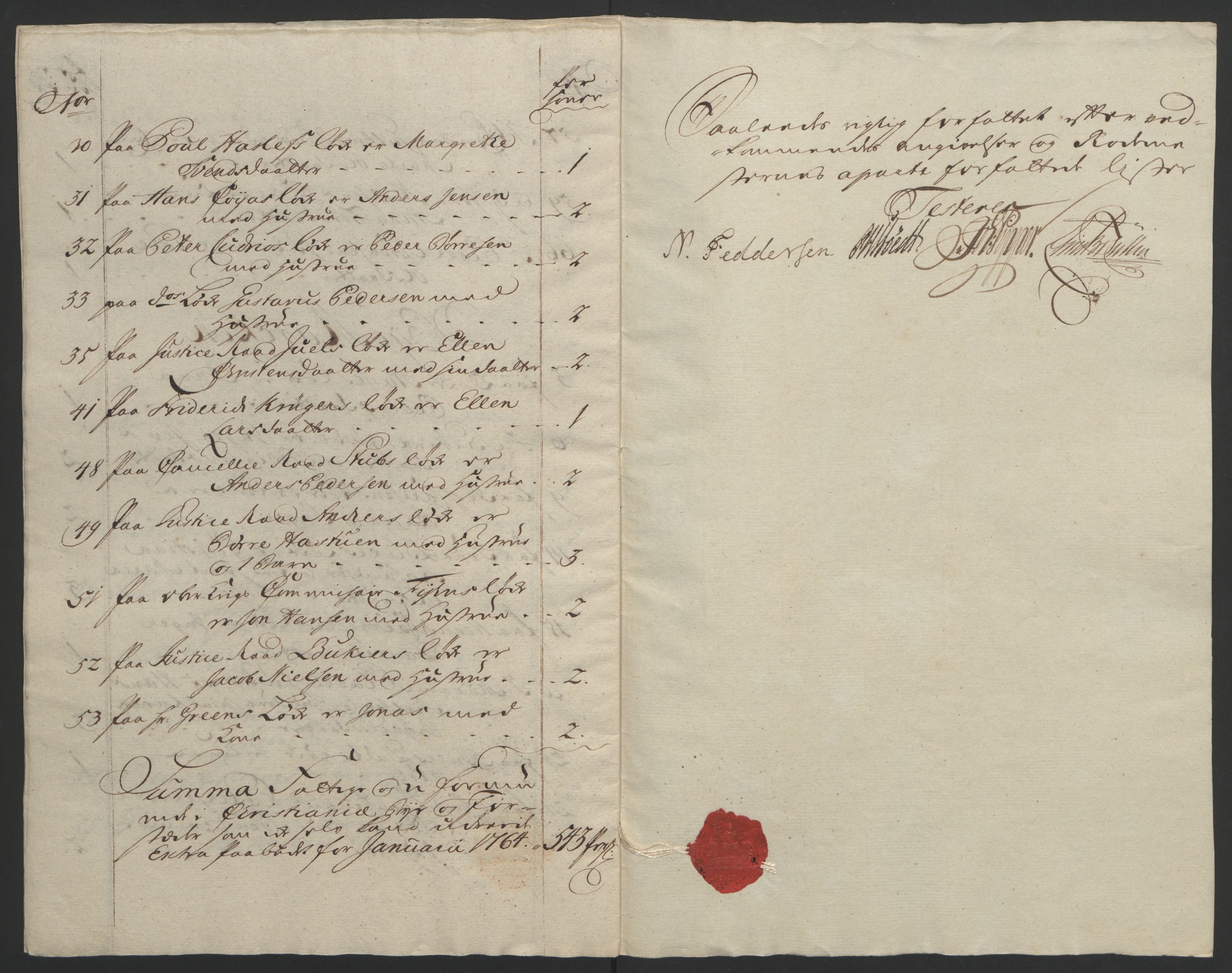 Rentekammeret inntil 1814, Reviderte regnskaper, Byregnskaper, RA/EA-4066/R/Re/L0072/0001: [E13] Kontribusjonsregnskap / Ekstraskatt, 1763-1764, s. 279