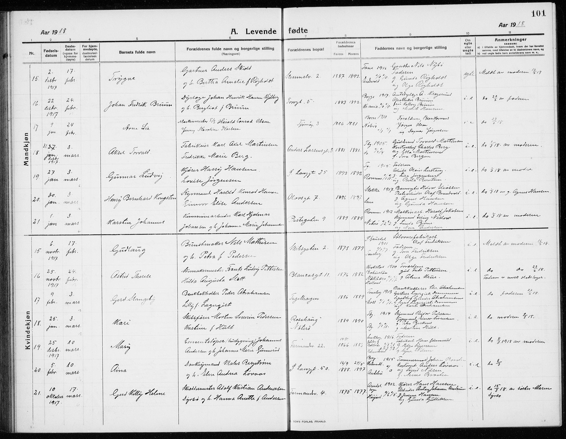 Tønsberg kirkebøker, AV/SAKO-A-330/G/Ga/L0009: Klokkerbok nr. 9, 1913-1920, s. 101