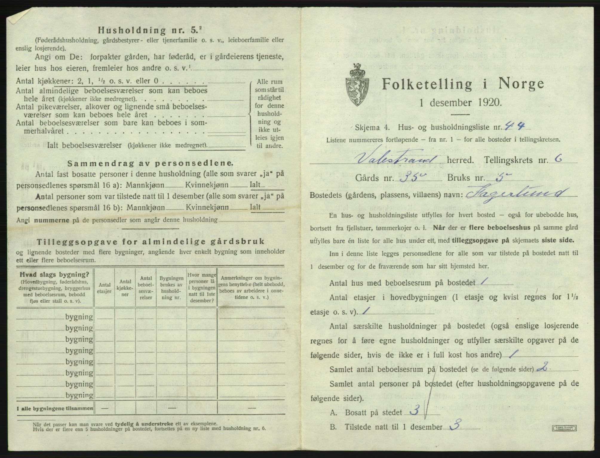 SAB, Folketelling 1920 for 1217 Valestrand herred, 1920, s. 461