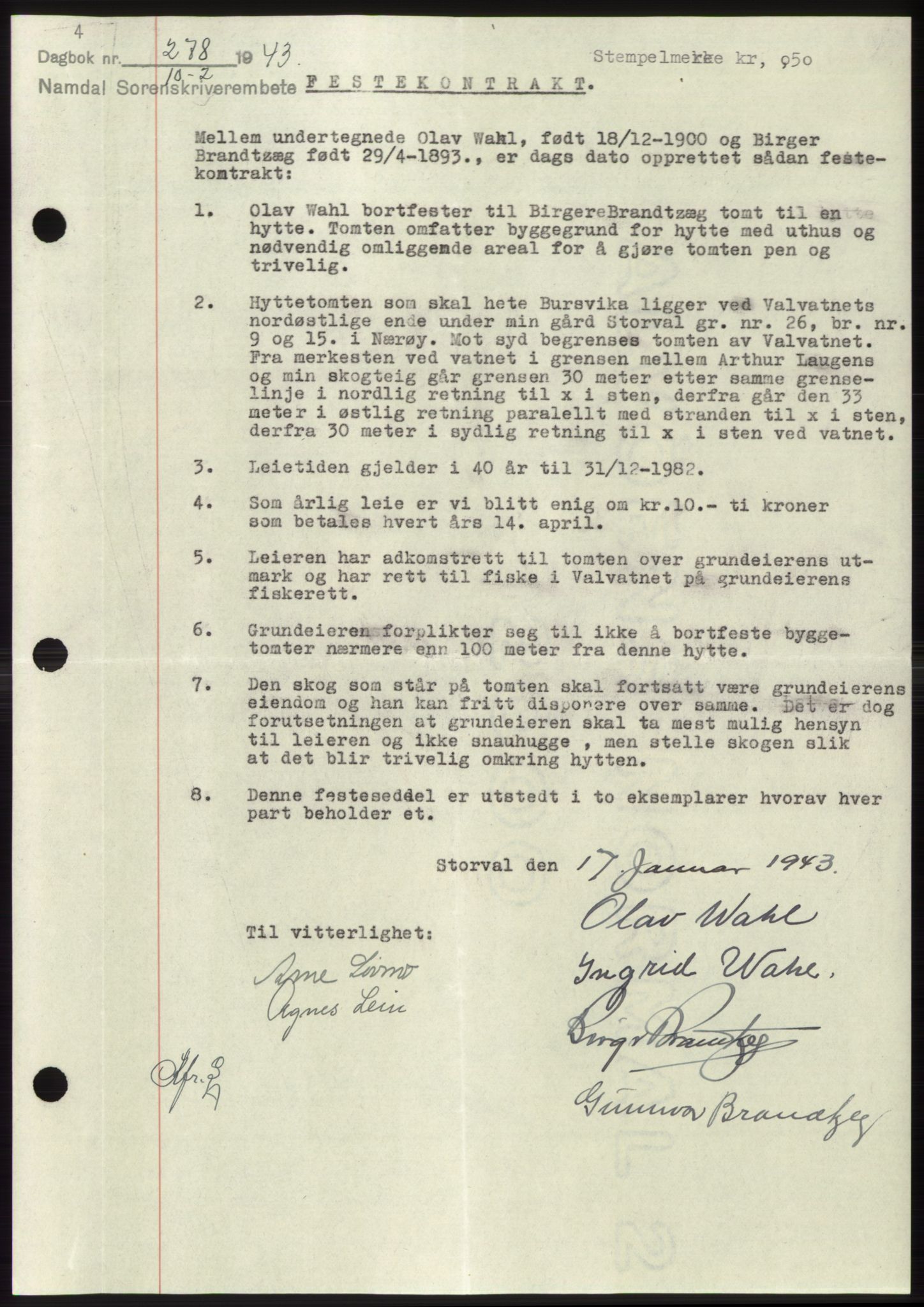 Namdal sorenskriveri, SAT/A-4133/1/2/2C: Pantebok nr. -, 1942-1943, Dagboknr: 278/1943