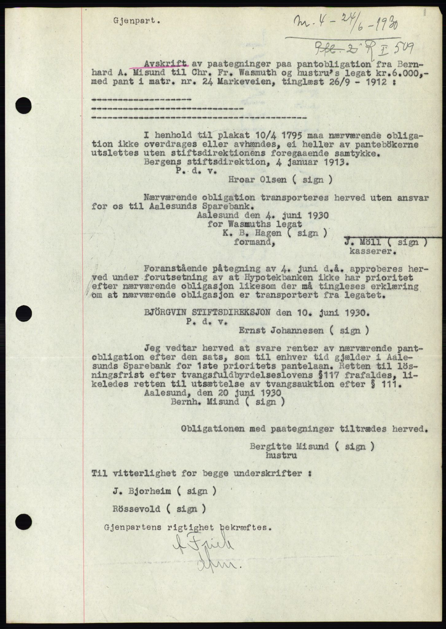 Ålesund byfogd, SAT/A-4384: Pantebok nr. 26, 1930-1930, Tingl.dato: 24.06.1930