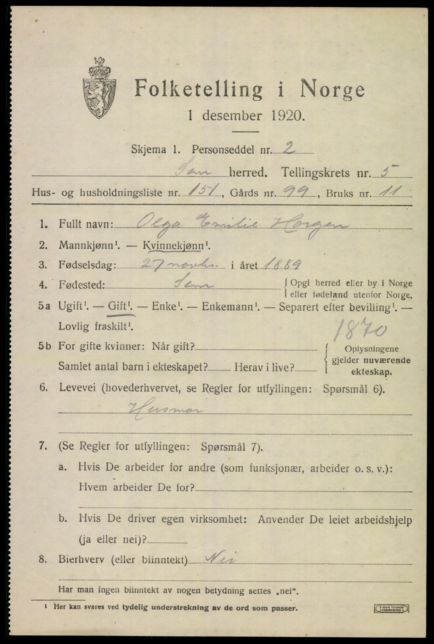 SAKO, Folketelling 1920 for 0721 Sem herred, 1920, s. 9273