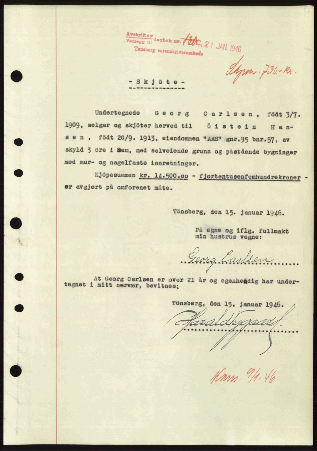 Jarlsberg sorenskriveri, SAKO/A-131/G/Ga/Gaa/L0018b: Pantebok nr. A-18b, 1946-1946, Dagboknr: 120/1946