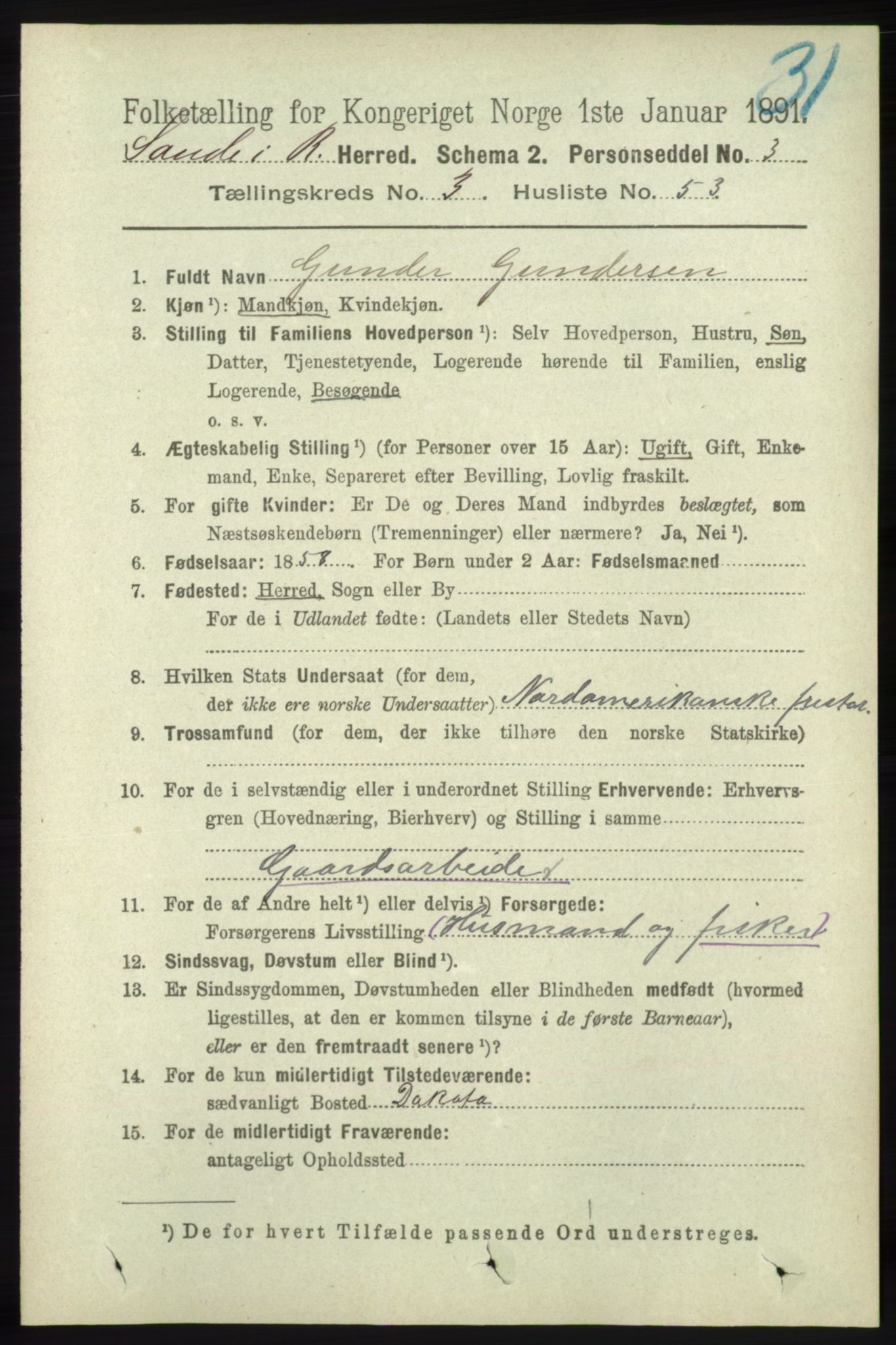 RA, Folketelling 1891 for 1135 Sauda herred, 1891, s. 1493