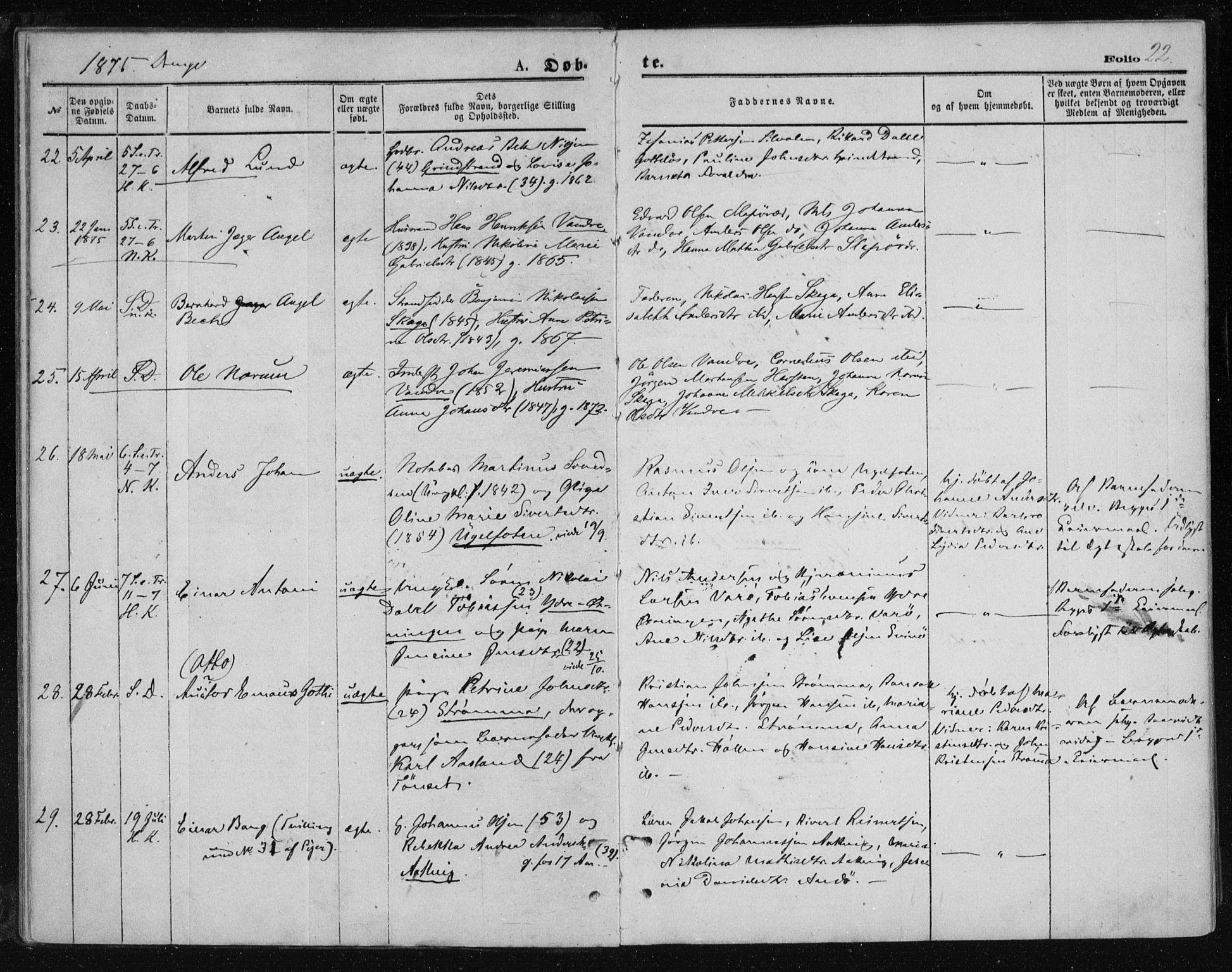 Ministerialprotokoller, klokkerbøker og fødselsregistre - Nordland, AV/SAT-A-1459/834/L0506: Ministerialbok nr. 834A04, 1872-1878, s. 22