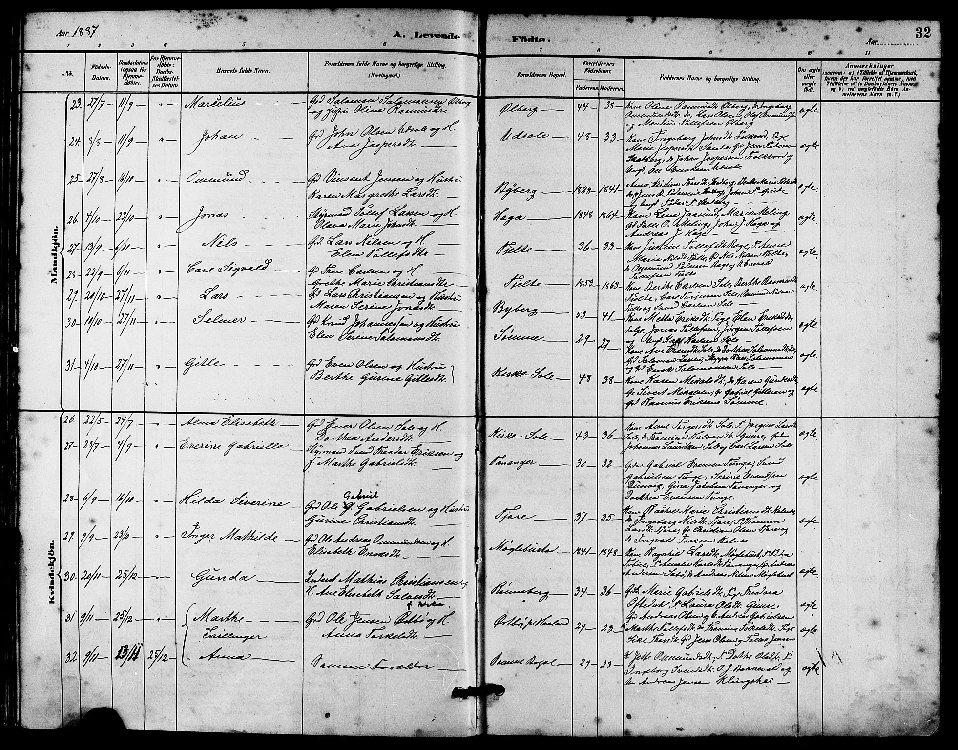 Håland sokneprestkontor, AV/SAST-A-101802/001/30BA/L0010: Ministerialbok nr. A 9, 1883-1888, s. 32
