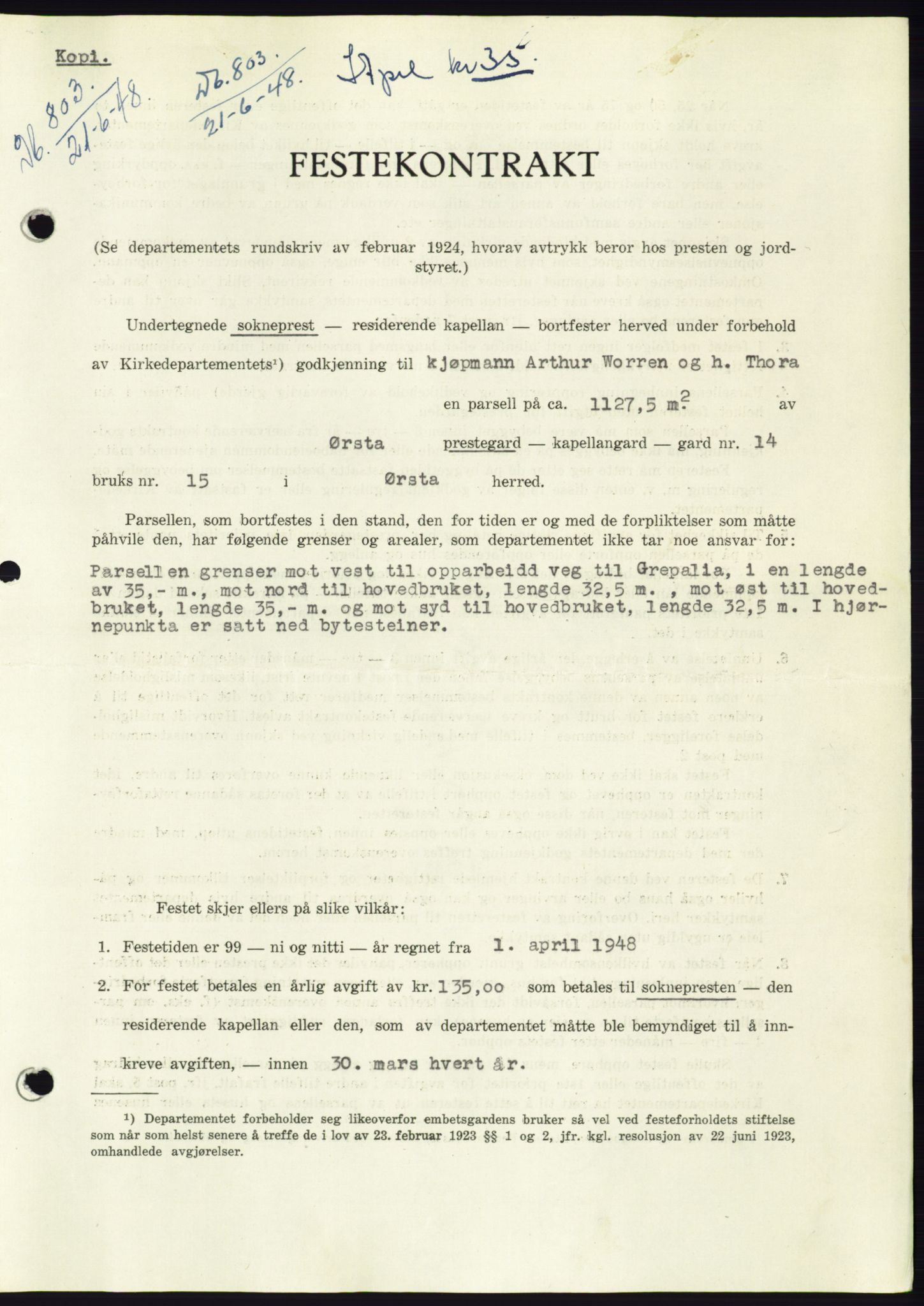 Søre Sunnmøre sorenskriveri, AV/SAT-A-4122/1/2/2C/L0082: Pantebok nr. 8A, 1948-1948, Dagboknr: 803/1948