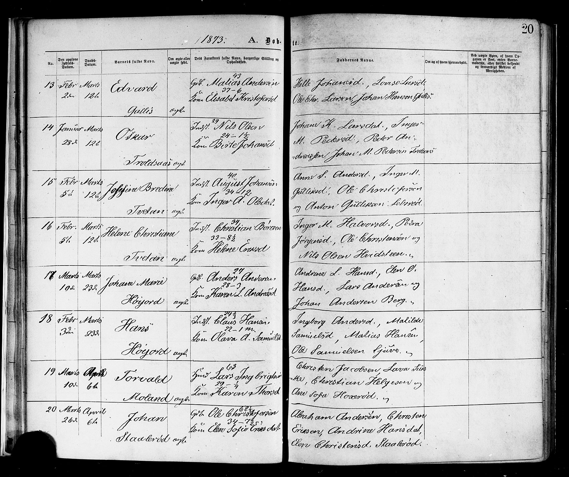 Andebu kirkebøker, AV/SAKO-A-336/F/Fa/L0006: Ministerialbok nr. I 6, 1871-1878, s. 20