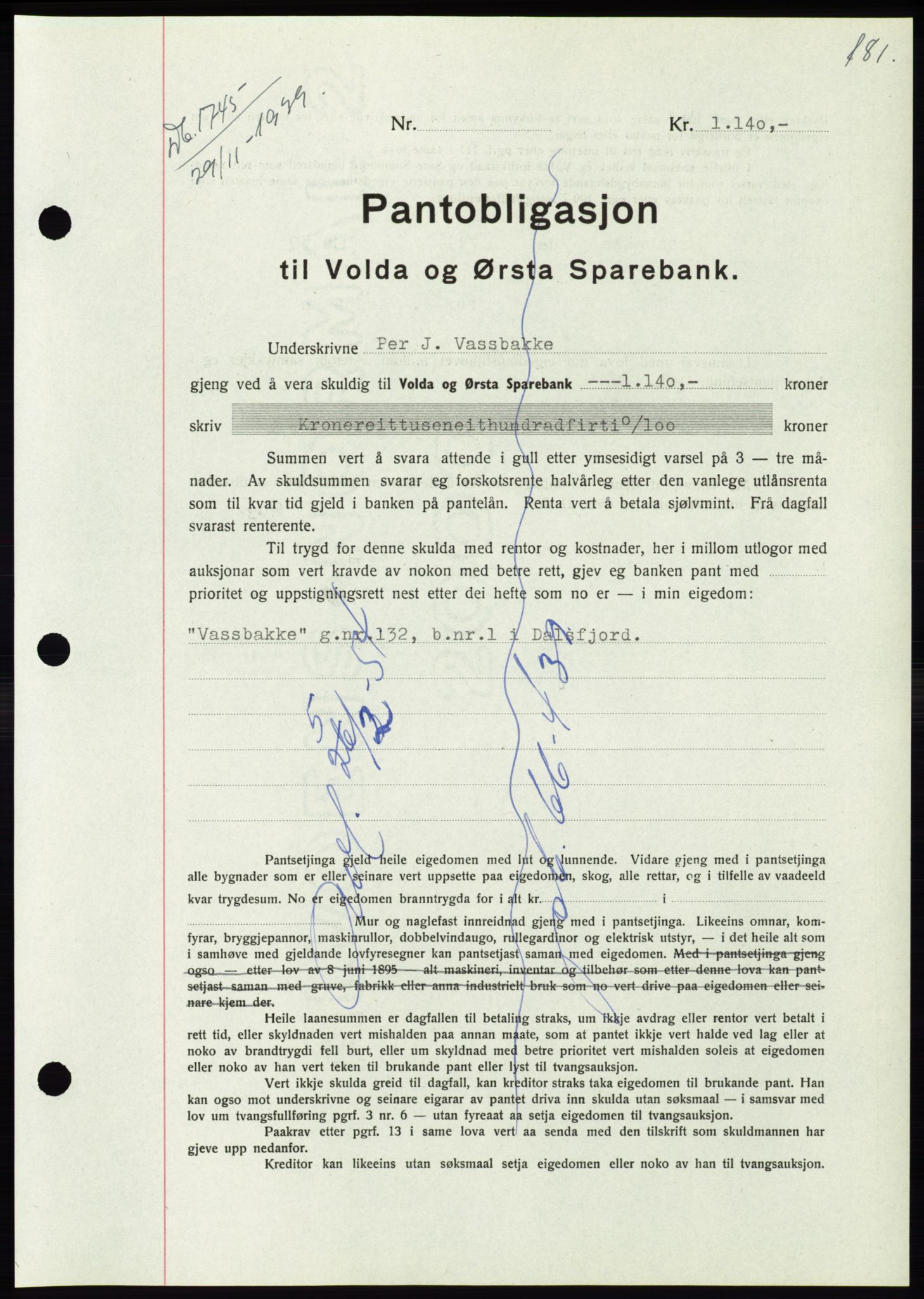 Søre Sunnmøre sorenskriveri, SAT/A-4122/1/2/2C/L0069: Pantebok nr. 63, 1939-1940, Dagboknr: 1745/1939