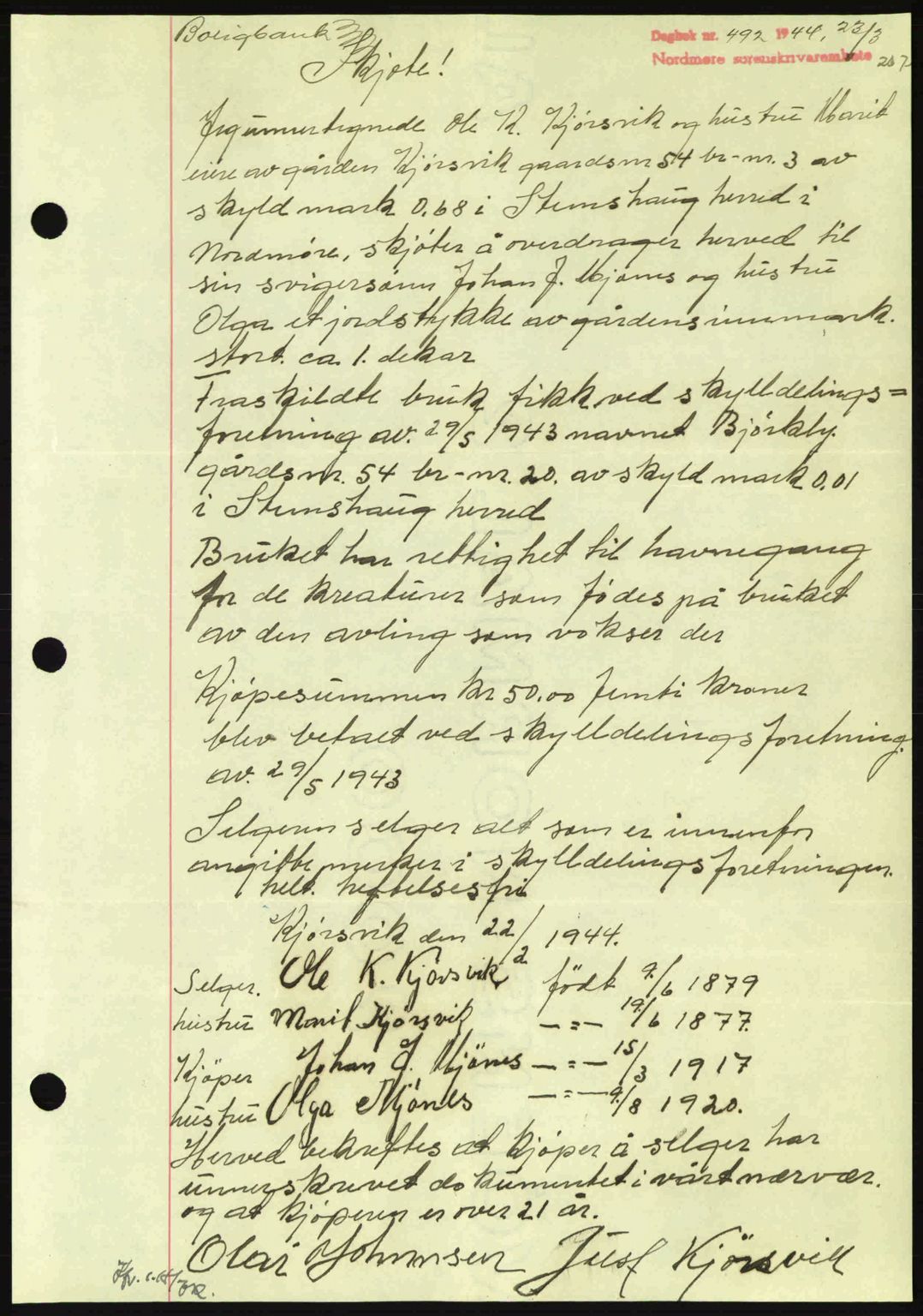 Nordmøre sorenskriveri, AV/SAT-A-4132/1/2/2Ca: Pantebok nr. A97, 1944-1944, Dagboknr: 492/1944