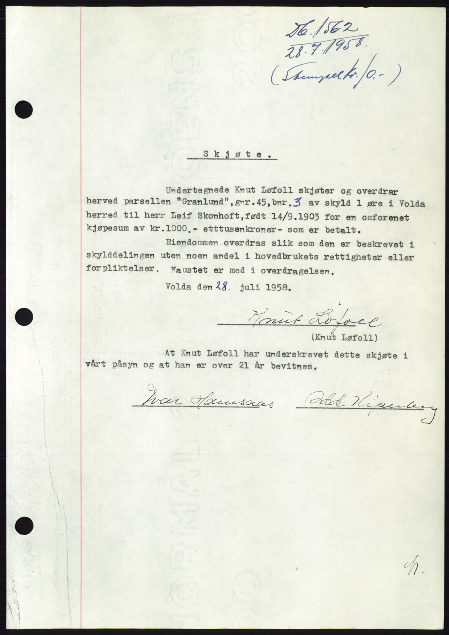 Søre Sunnmøre sorenskriveri, AV/SAT-A-4122/1/2/2C/L0110: Pantebok nr. 36A, 1958-1958, Dagboknr: 1562/1958