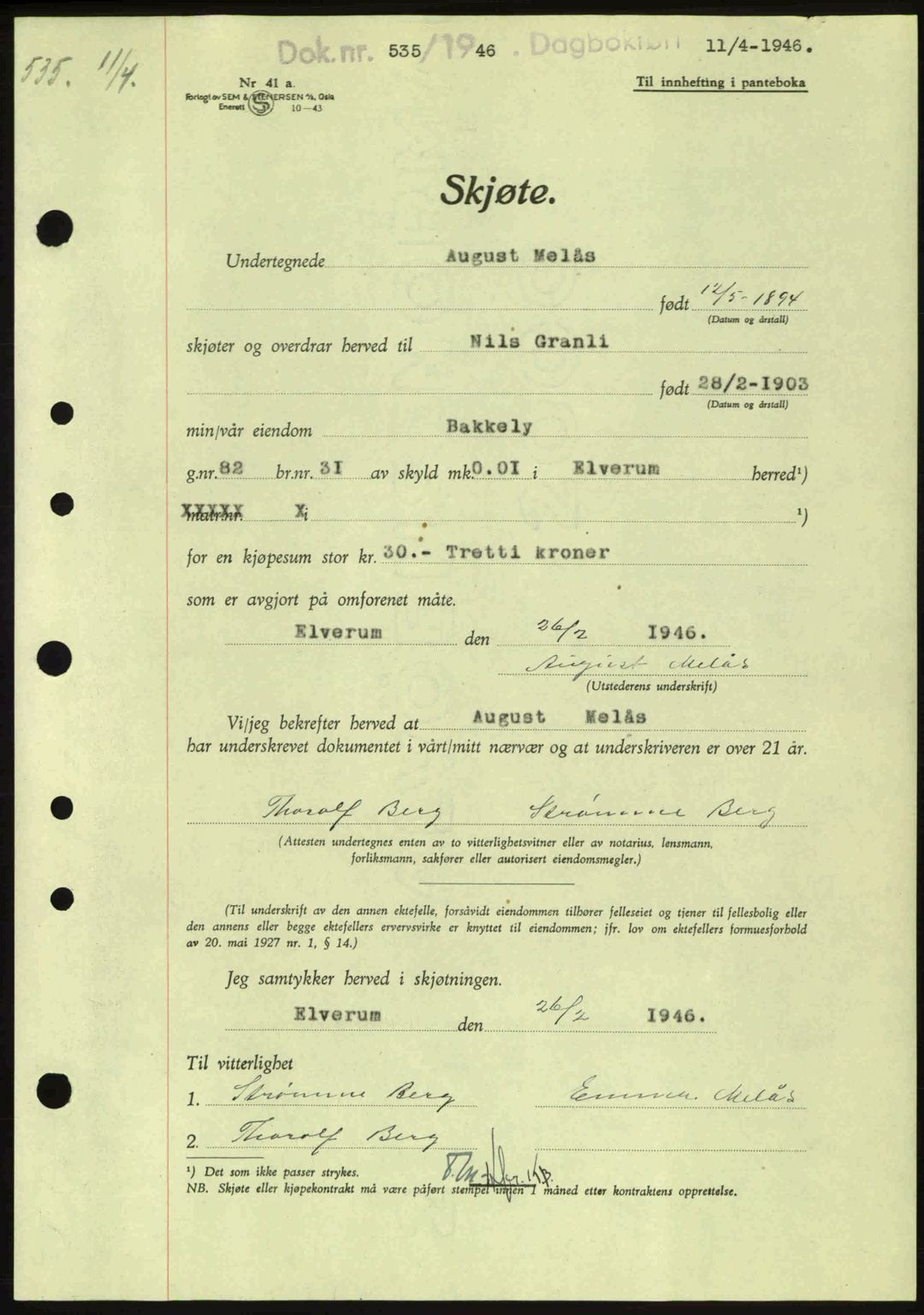 Sør-Østerdal sorenskriveri, AV/SAH-TING-018/H/Hb/Hbb/L0073: Pantebok nr. A73, 1945-1946, Dagboknr: 535/1946