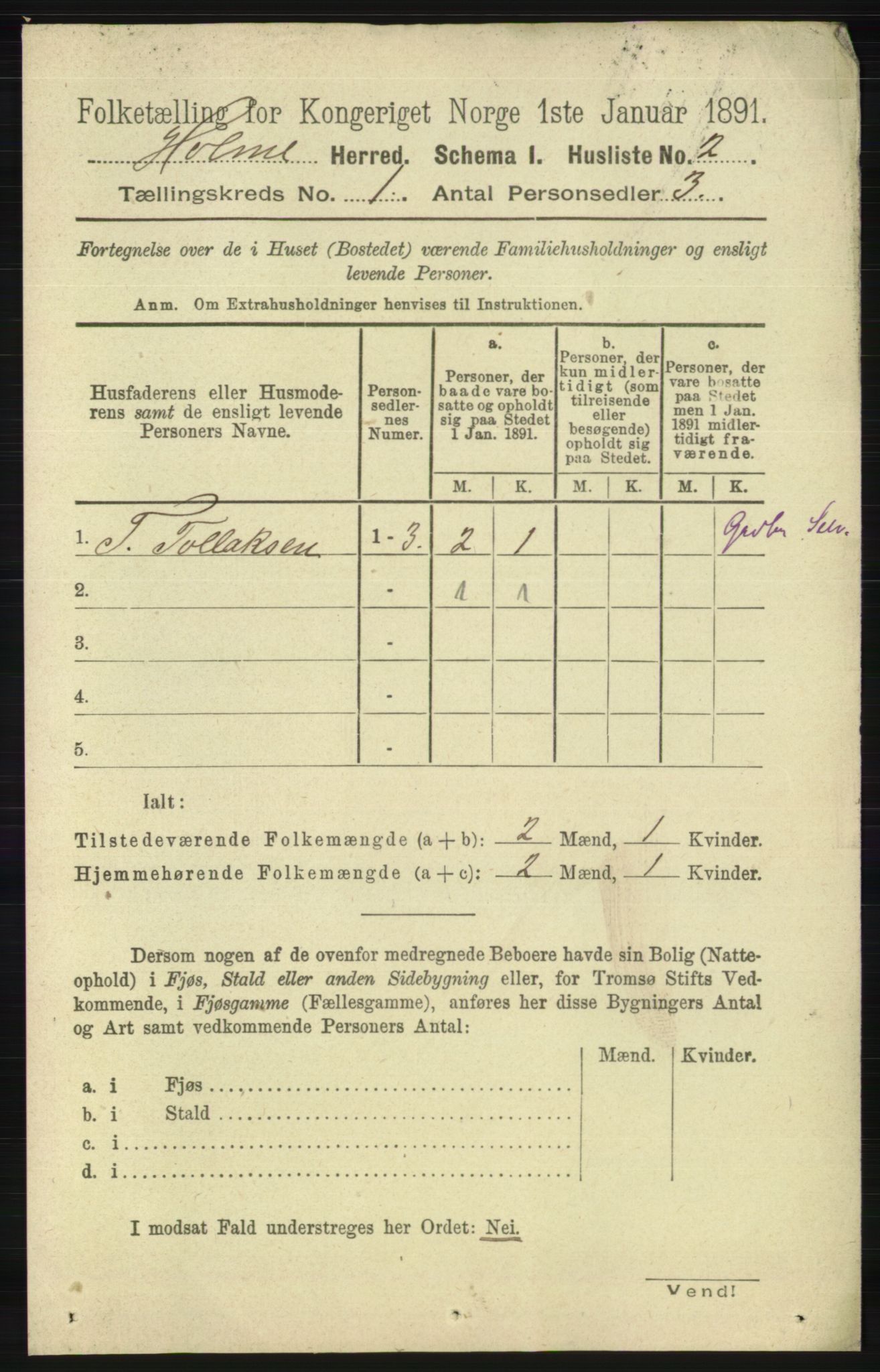 RA, Folketelling 1891 for 1020 Holum herred, 1891, s. 22