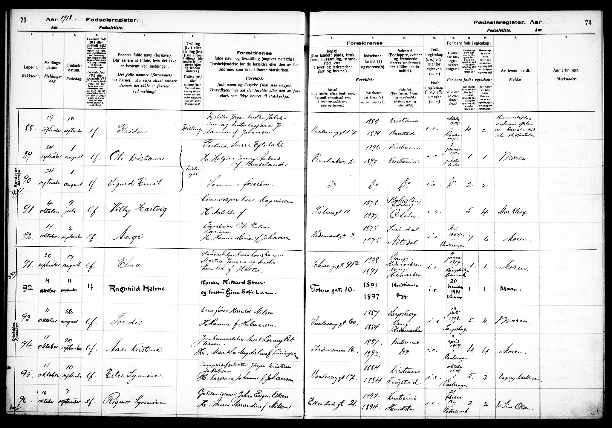 Vålerengen prestekontor Kirkebøker, AV/SAO-A-10878/J/Ja/L0001: Fødselsregister nr. 1, 1916-1924, s. 73