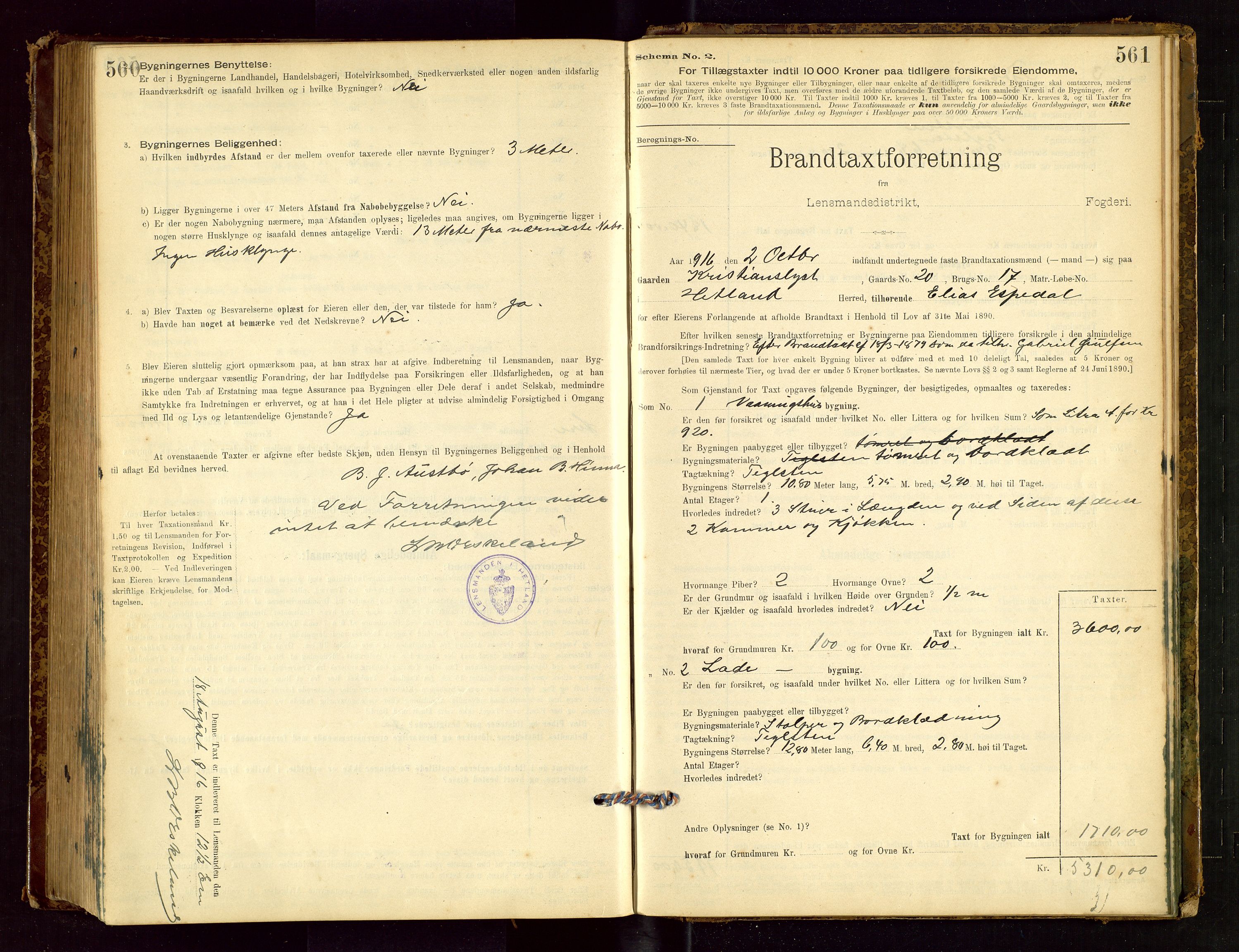 Hetland lensmannskontor, AV/SAST-A-100101/Gob/L0001: "Brandtaxationsprotokol", 1895-1918, s. 560-561