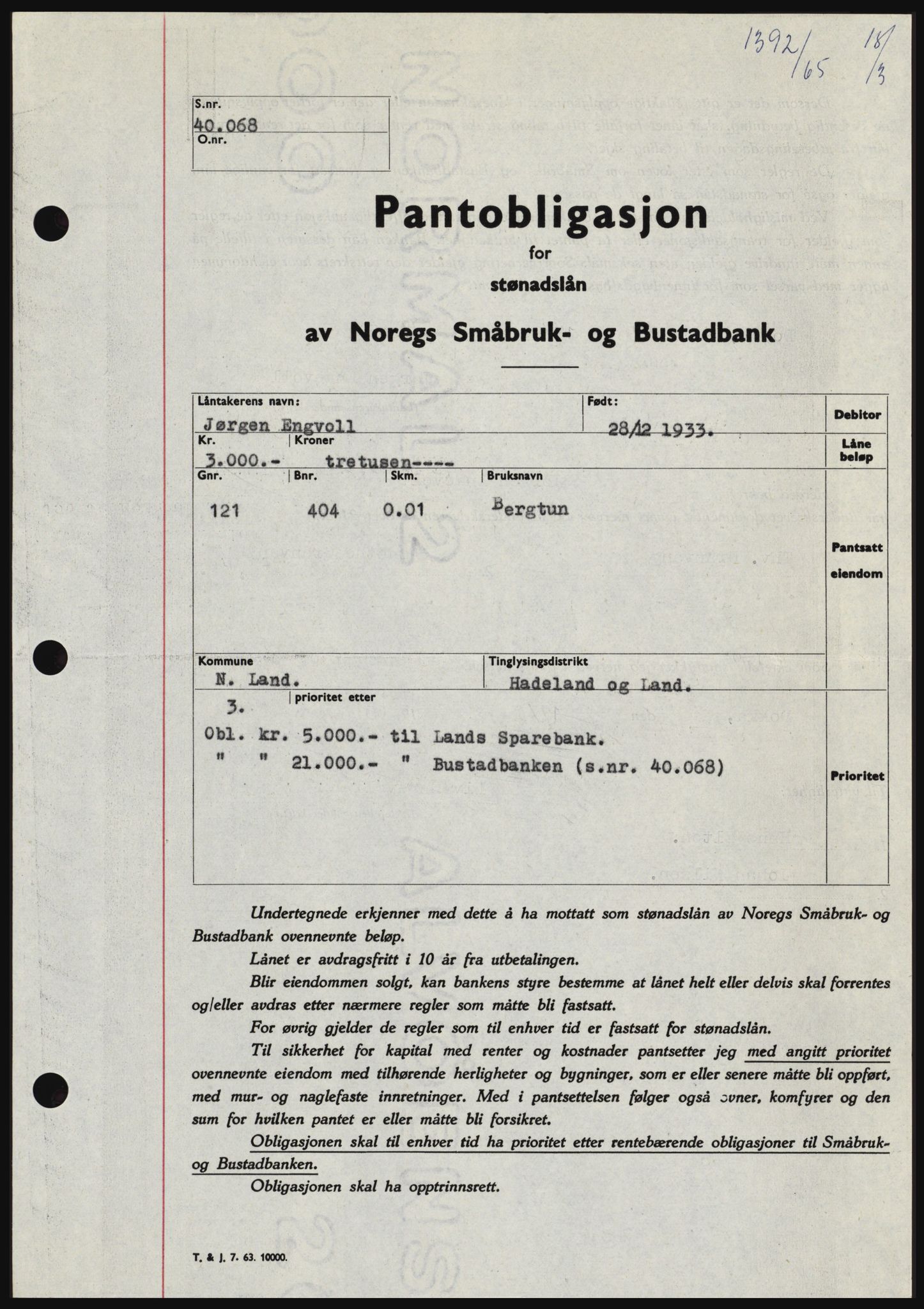 Hadeland og Land tingrett, SAH/TING-010/H/Hb/Hbc/L0058: Pantebok nr. B58, 1965-1965, Dagboknr: 1392/1965