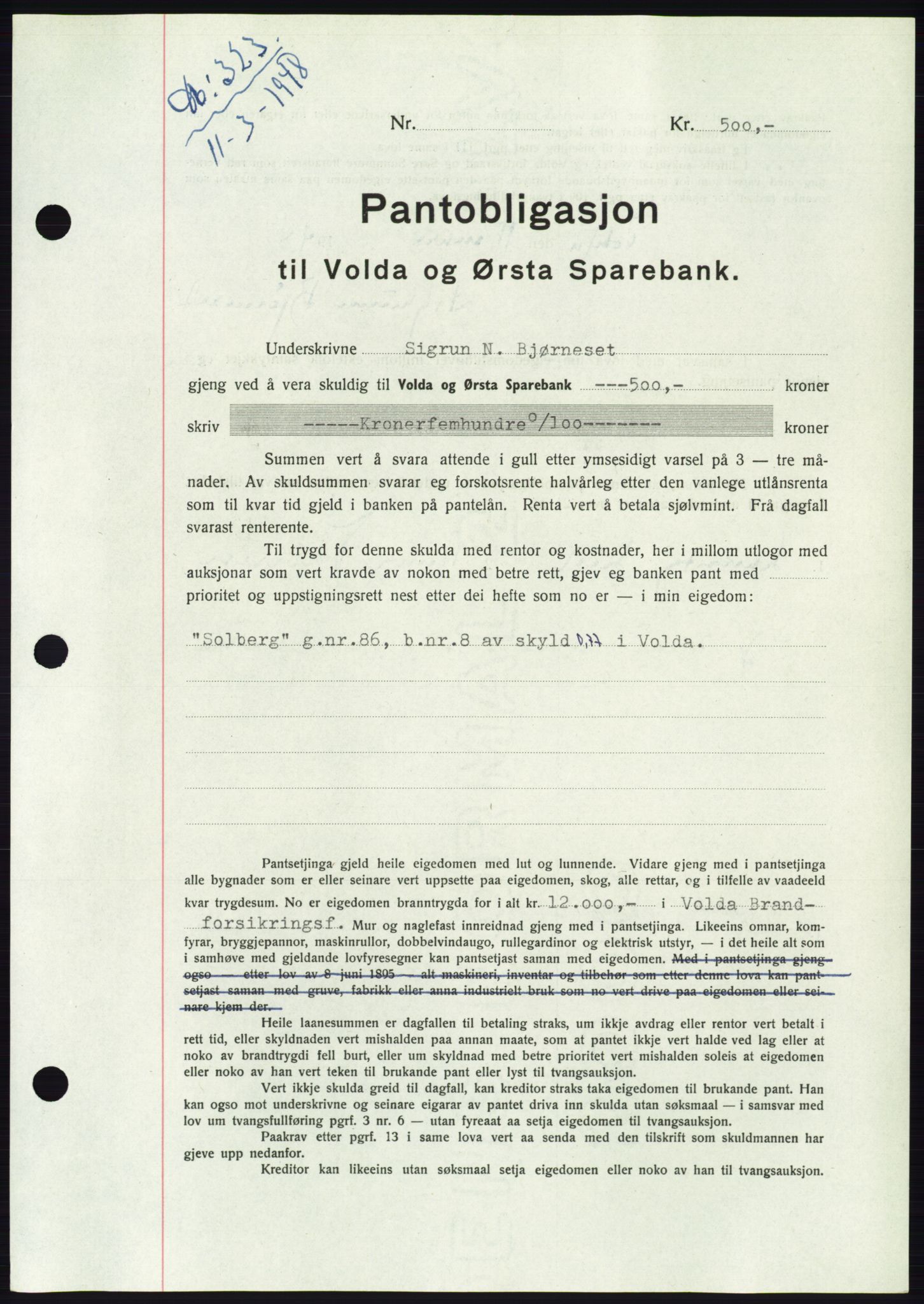 Søre Sunnmøre sorenskriveri, AV/SAT-A-4122/1/2/2C/L0115: Pantebok nr. 3B, 1947-1948, Dagboknr: 323/1948