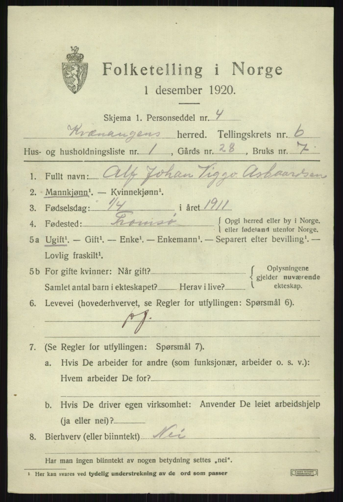 SATØ, Folketelling 1920 for 1943 Kvænangen herred, 1920, s. 3628