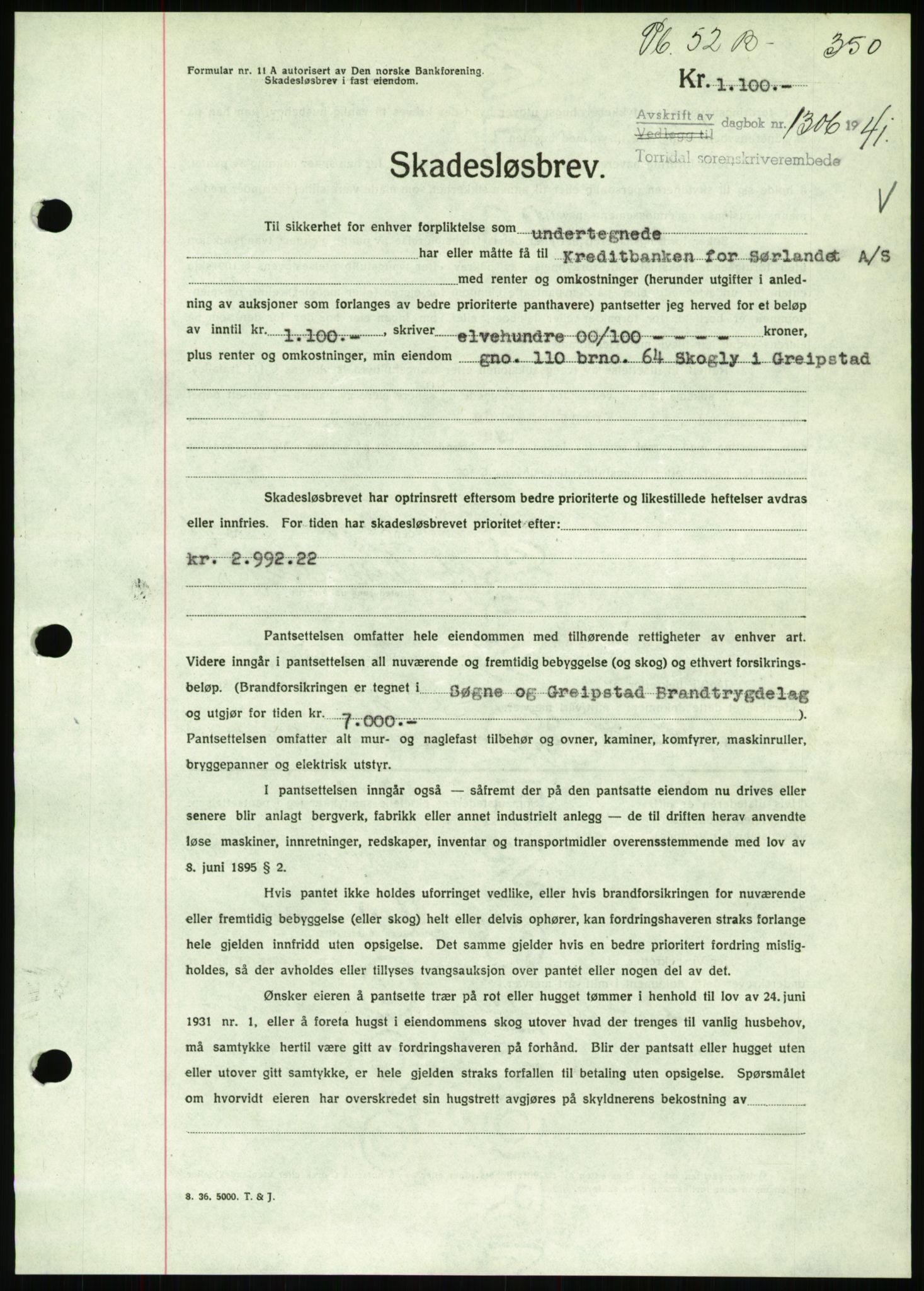 Torridal sorenskriveri, SAK/1221-0012/G/Gb/Gbb/L0008: Pantebok nr. 52b, 1940-1942, Dagboknr: 1306/1941