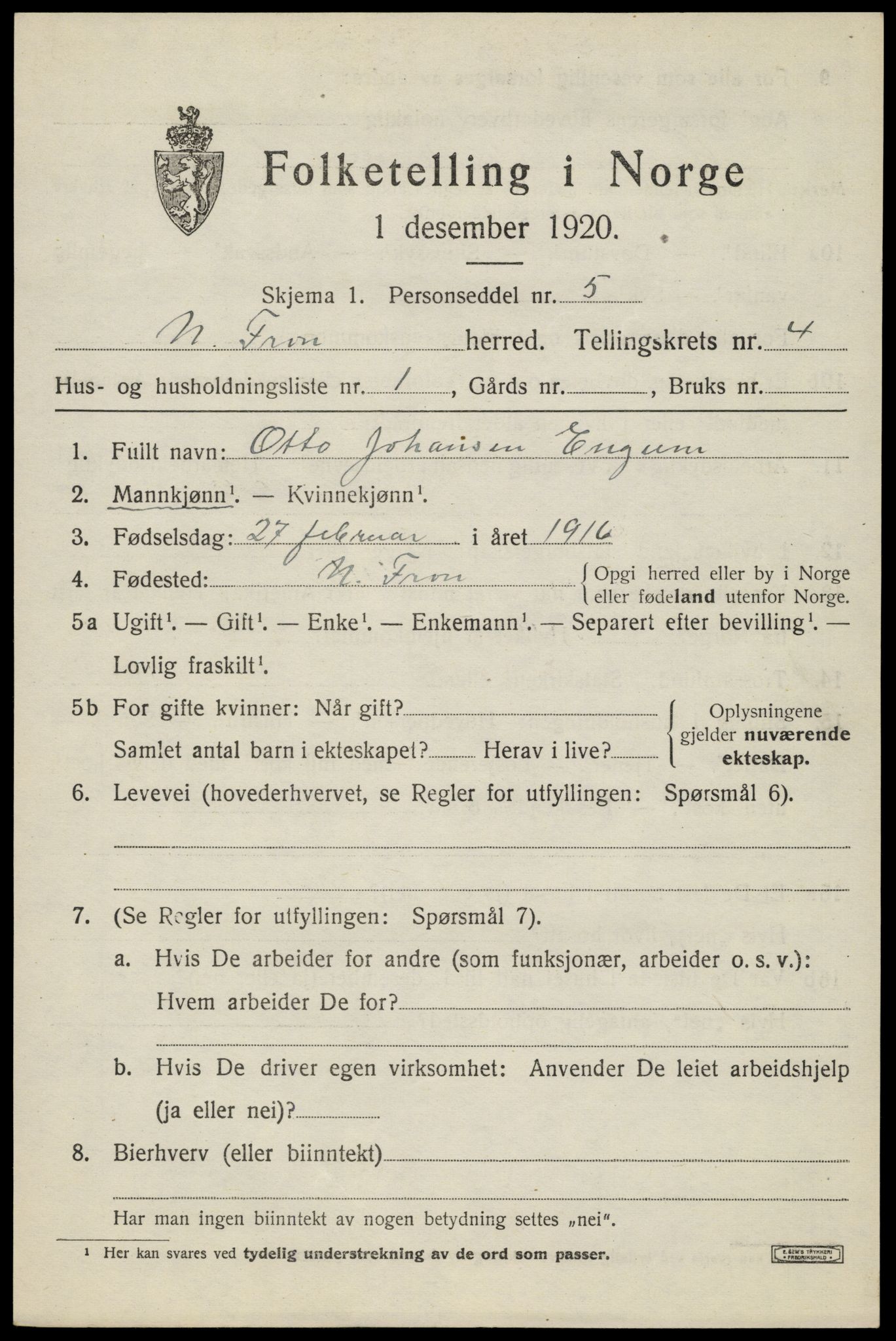 SAH, Folketelling 1920 for 0518 Nord-Fron herred, 1920, s. 4034