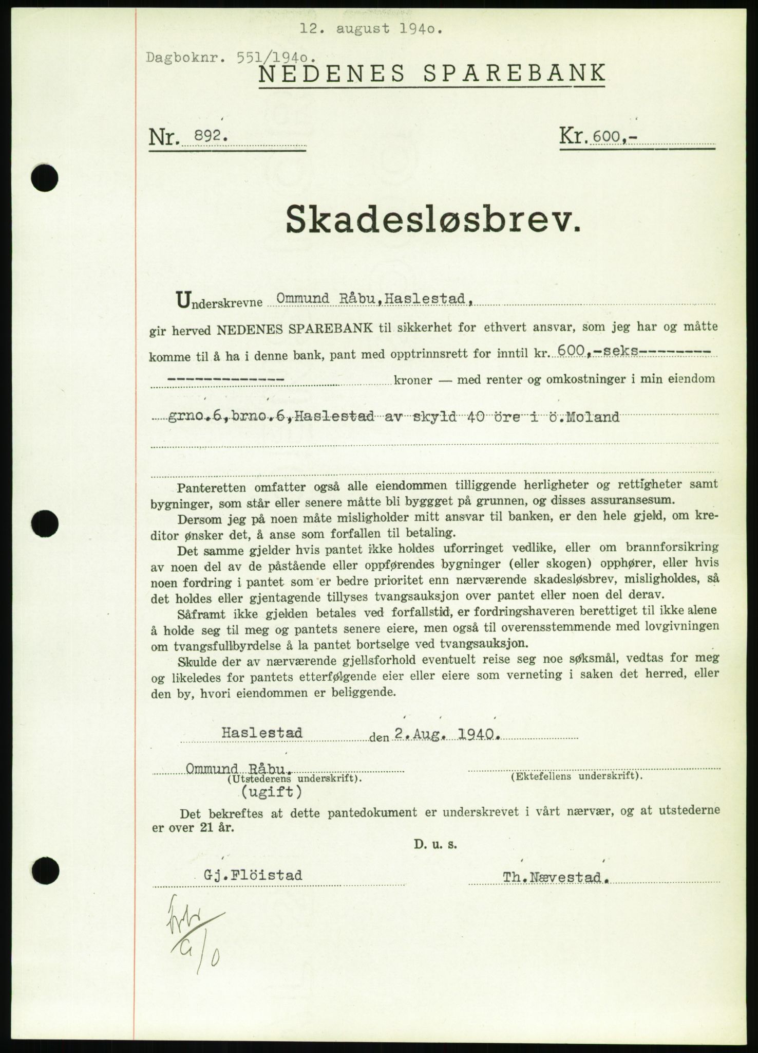 Nedenes sorenskriveri, SAK/1221-0006/G/Gb/Gbb/L0001: Pantebok nr. I, 1939-1942, Dagboknr: 551/1940