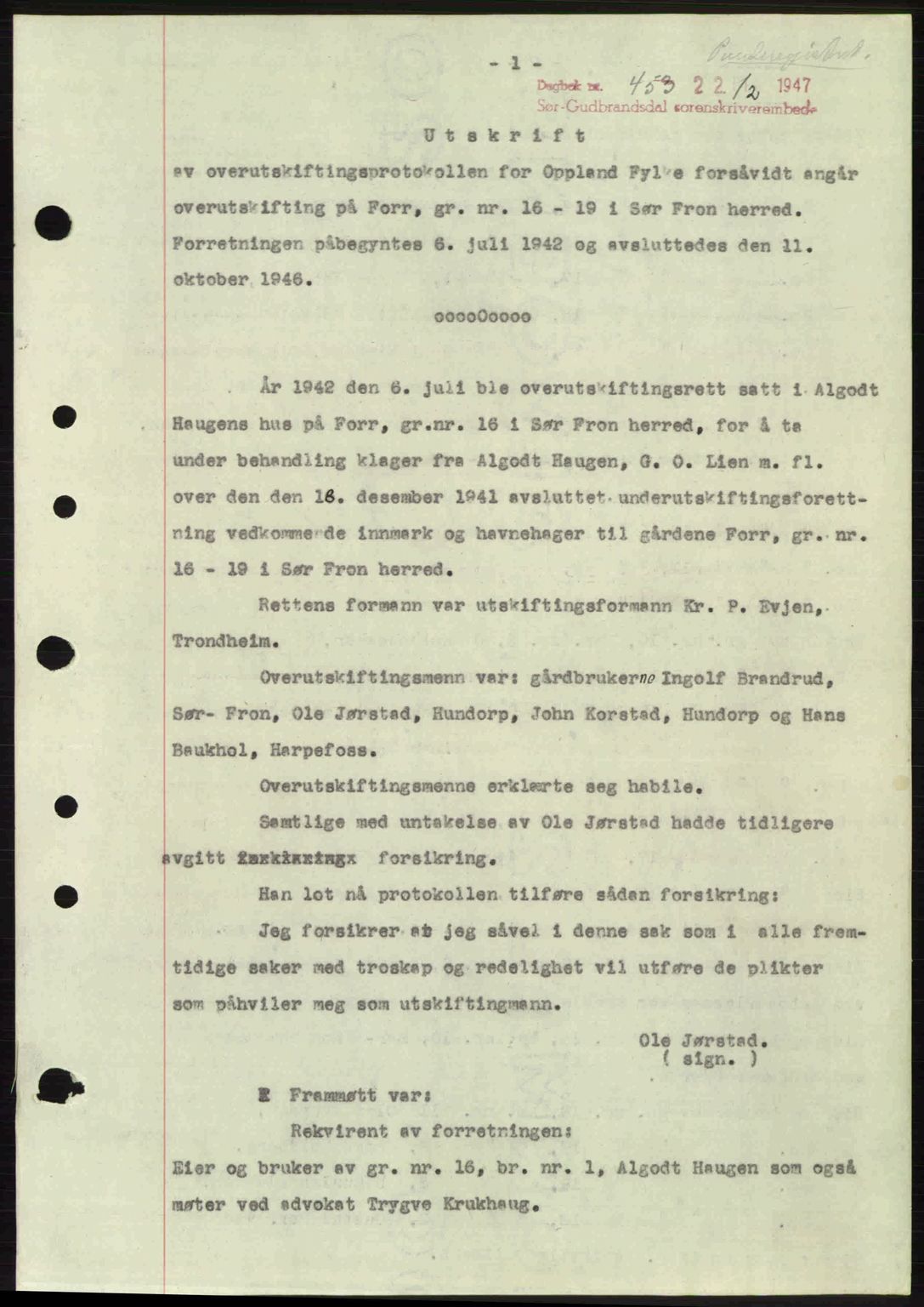 Sør-Gudbrandsdal tingrett, SAH/TING-004/H/Hb/Hbd/L0018: Pantebok nr. A18, 1947-1947, Dagboknr: 453/1947