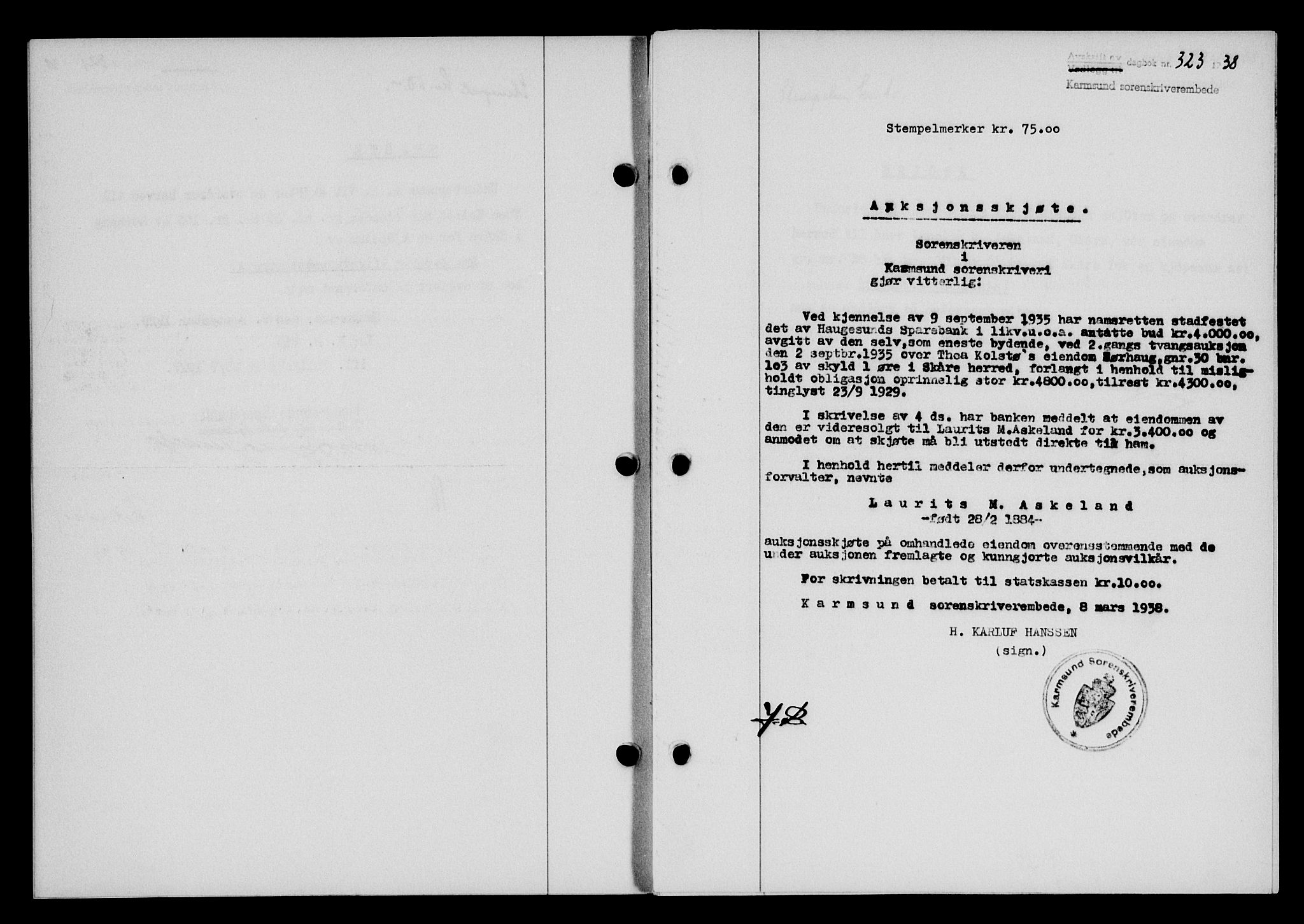 Karmsund sorenskriveri, SAST/A-100311/01/II/IIB/L0069: Pantebok nr. 50A, 1937-1938, Dagboknr: 323/1938