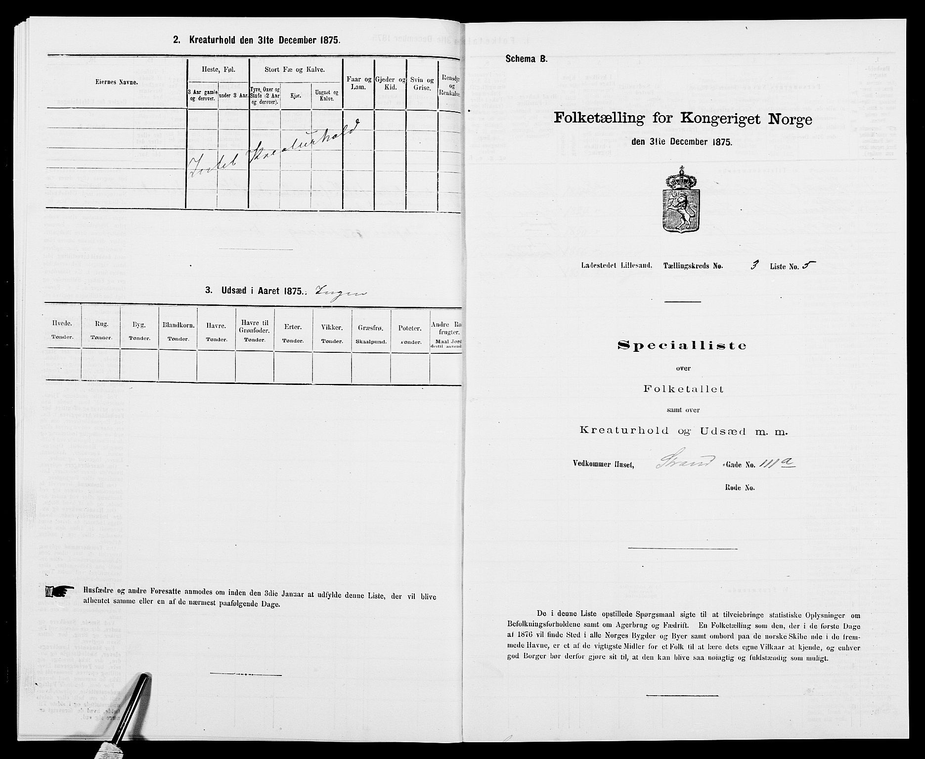 SAK, Folketelling 1875 for 0905B Vestre Moland prestegjeld, Lillesand ladested, 1875, s. 212