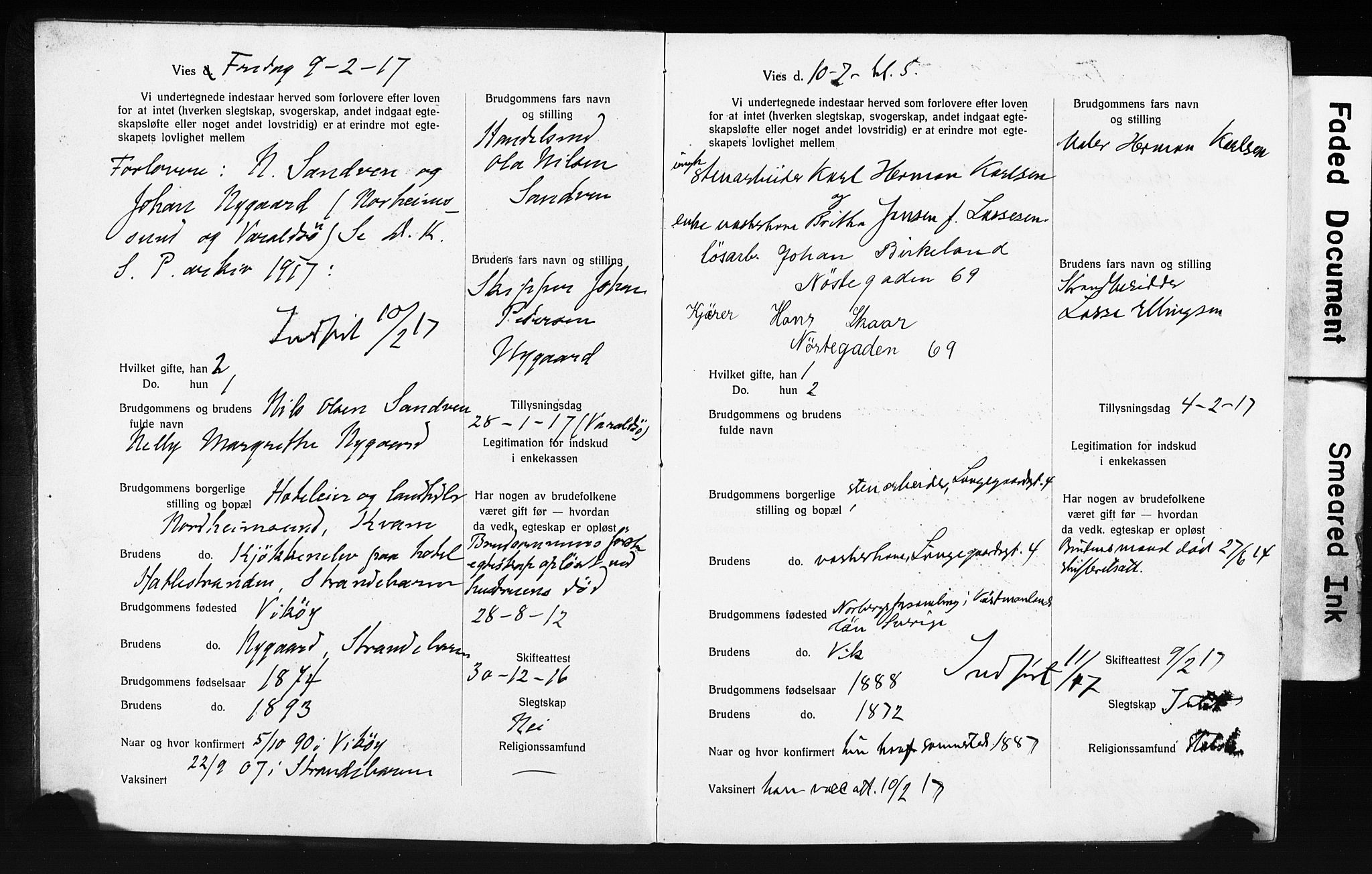 Domkirken sokneprestembete, SAB/A-74801: Forlovererklæringer nr. II.5.13, 1917-1922, s. 2