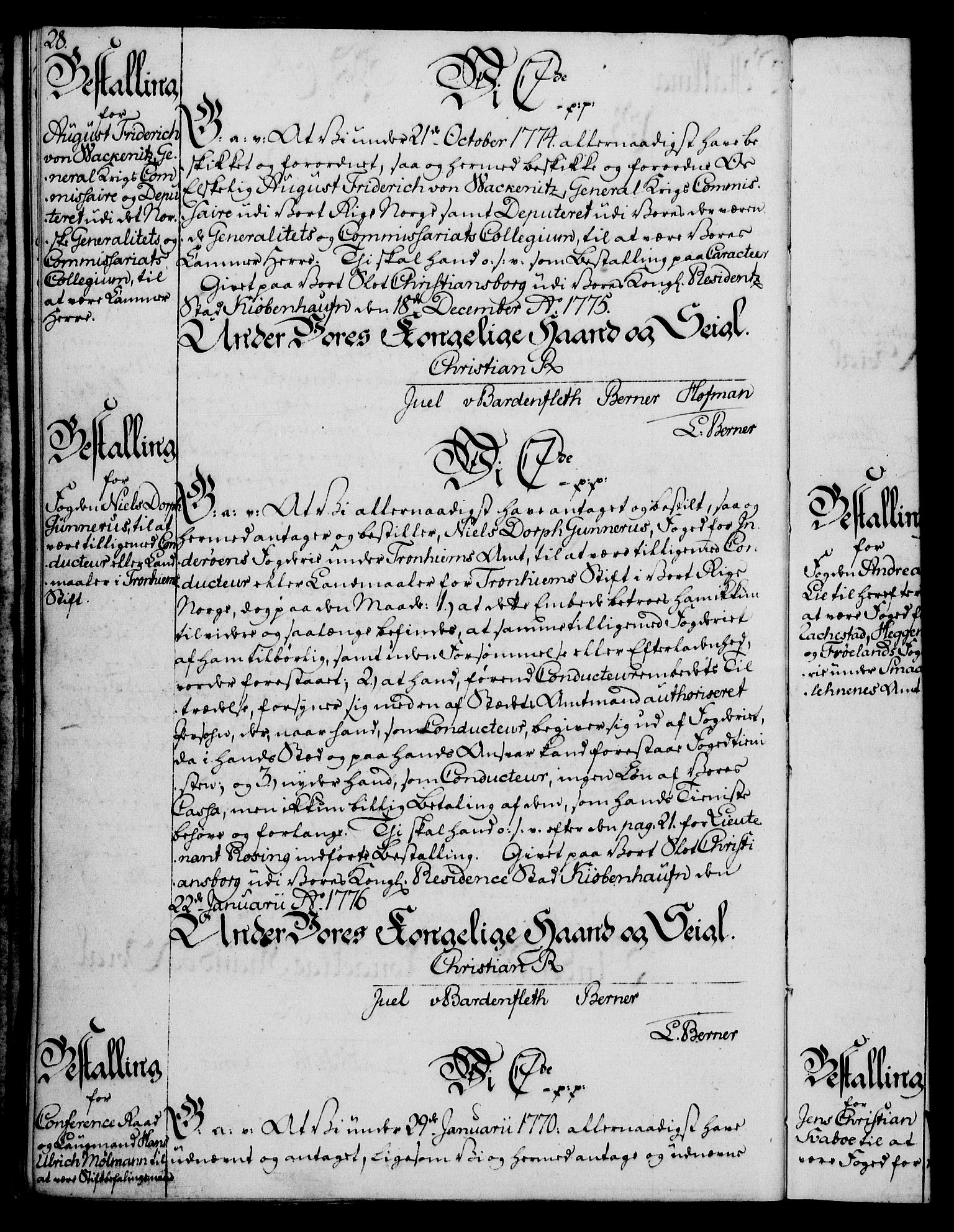 Rentekammeret, Kammerkanselliet, RA/EA-3111/G/Gg/Gge/L0006: Norsk bestallingsprotokoll med register (merket RK 53.30), 1773-1814, s. 28