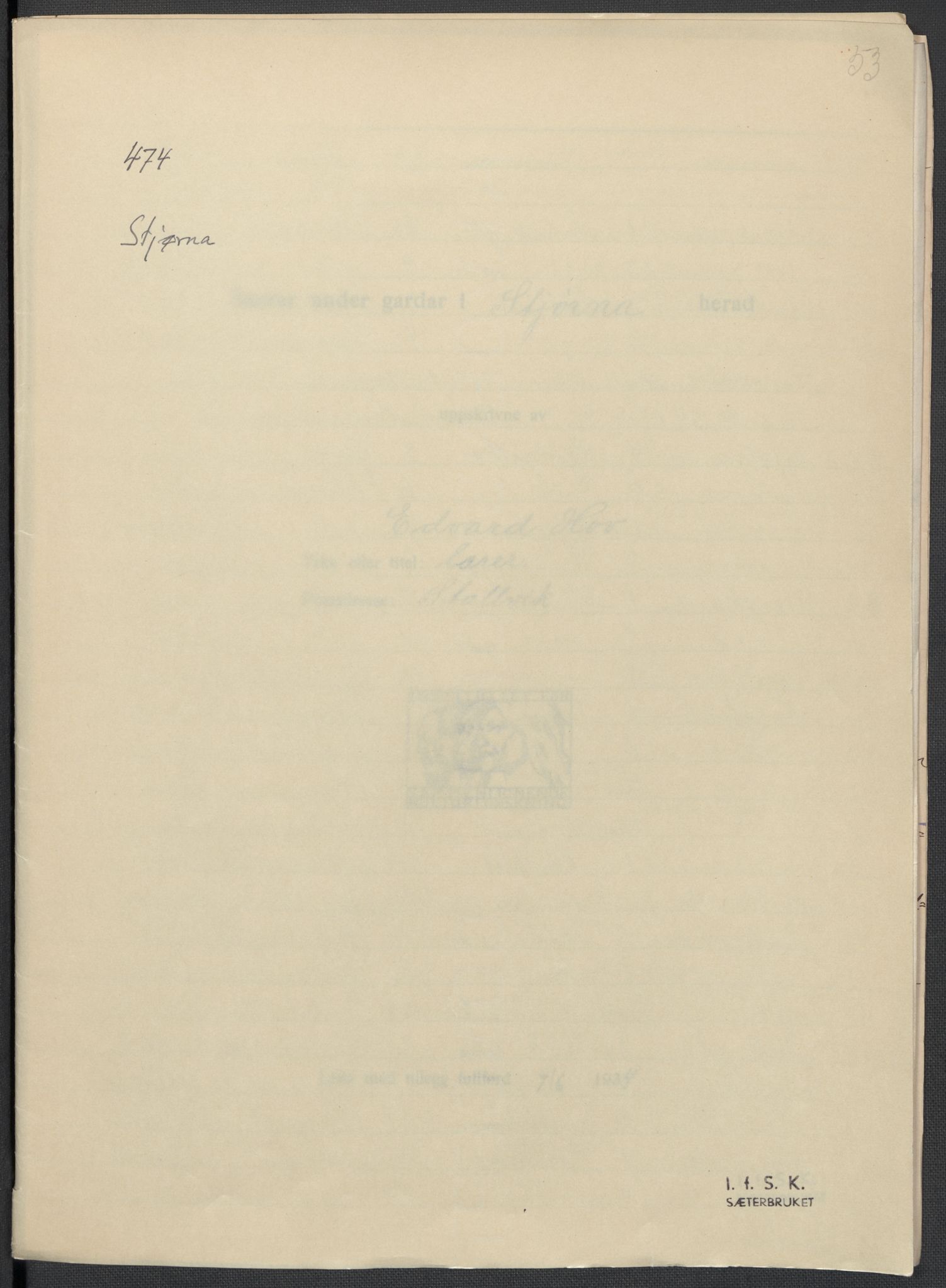 Instituttet for sammenlignende kulturforskning, RA/PA-0424/F/Fc/L0013/0003: Eske B13: / Sør-Trøndelag (perm XXXVII), 1933-1936, s. 53