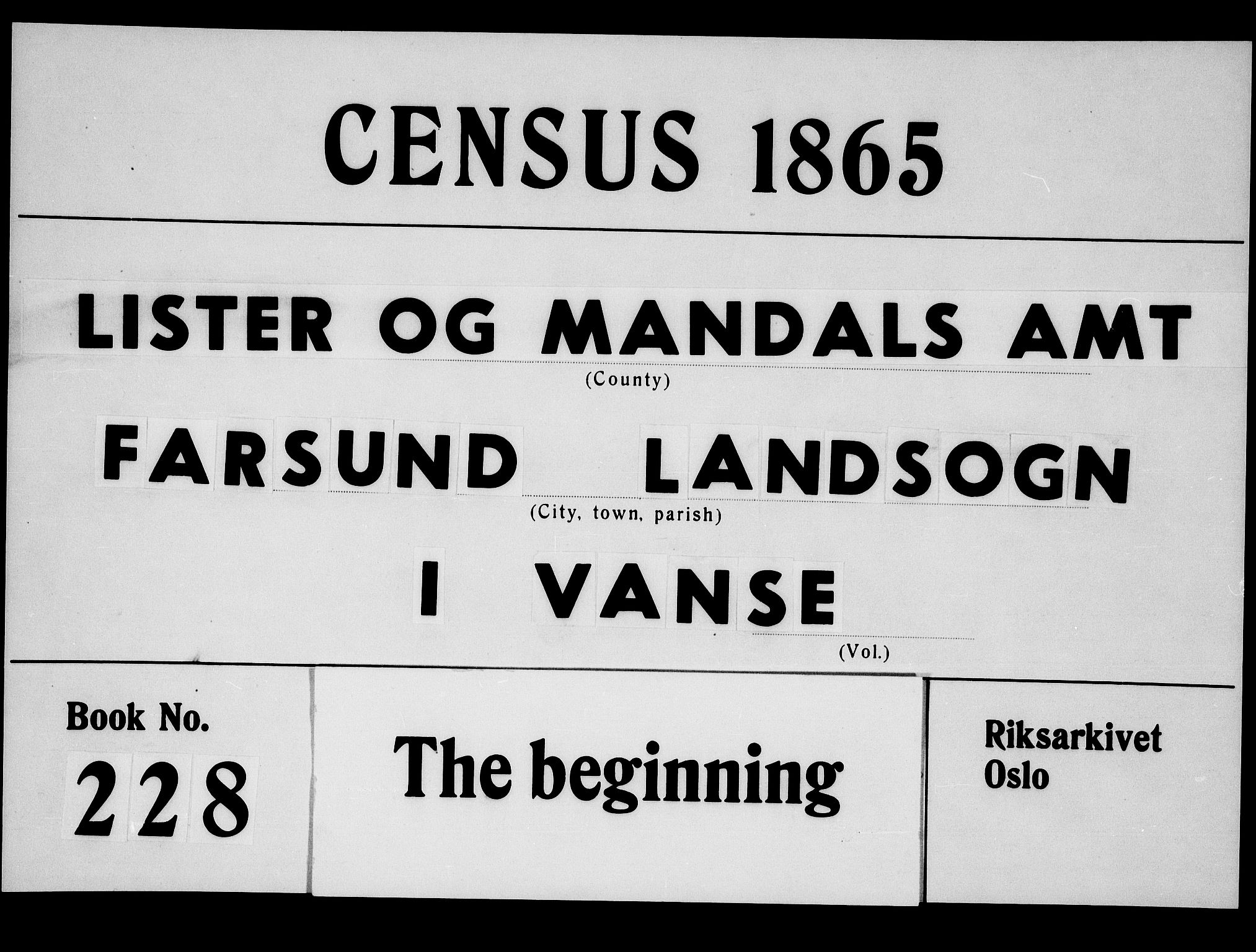 RA, Folketelling 1865 for 1041L Vanse prestegjeld, Vanse sokn og Farsund landsokn, 1865, s. 1