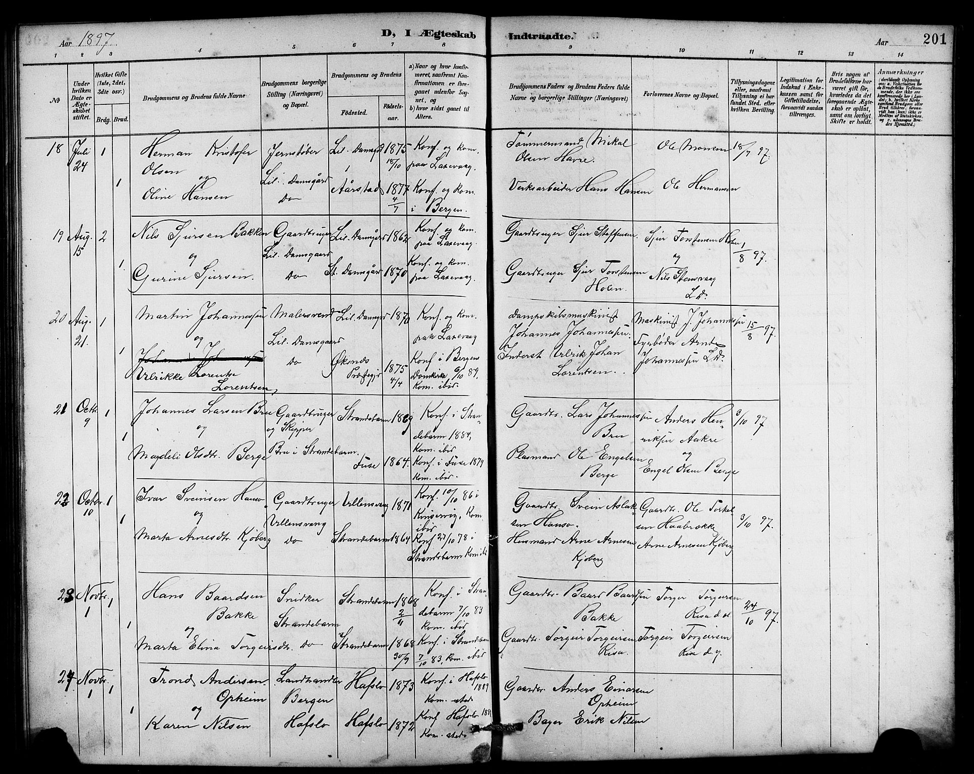 Laksevåg Sokneprestembete, AV/SAB-A-76501/H/Ha/Hab/Haba/L0003: Klokkerbok nr. A 3, 1887-1899, s. 201