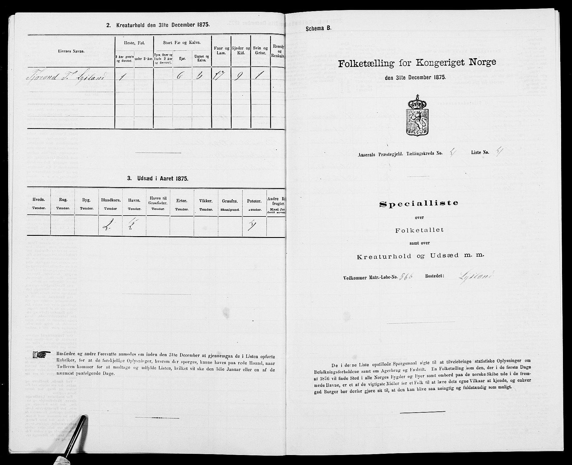 SAK, Folketelling 1875 for 0980P Åseral prestegjeld, 1875, s. 287