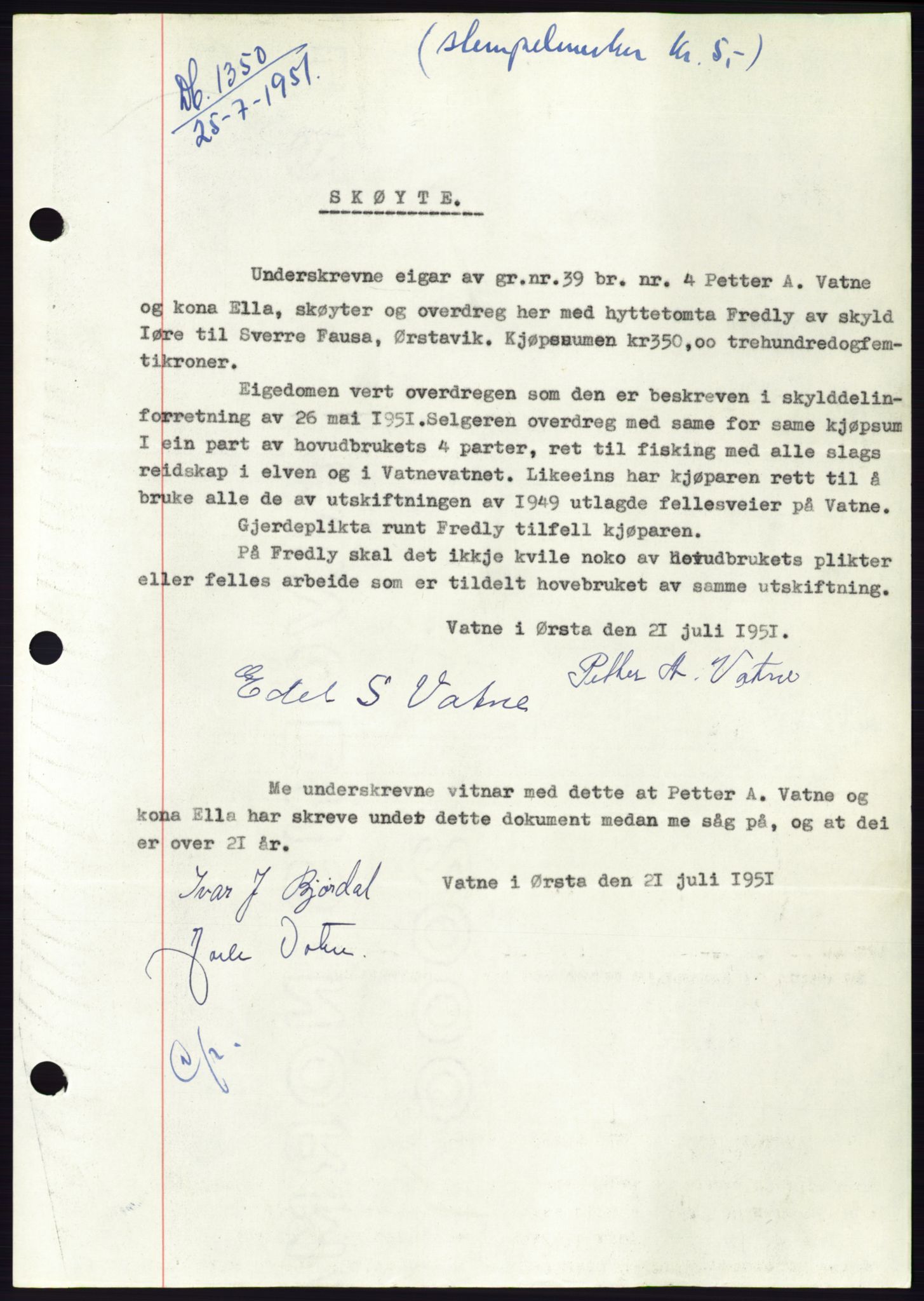 Søre Sunnmøre sorenskriveri, SAT/A-4122/1/2/2C/L0089: Pantebok nr. 15A, 1951-1951, Dagboknr: 1350/1951