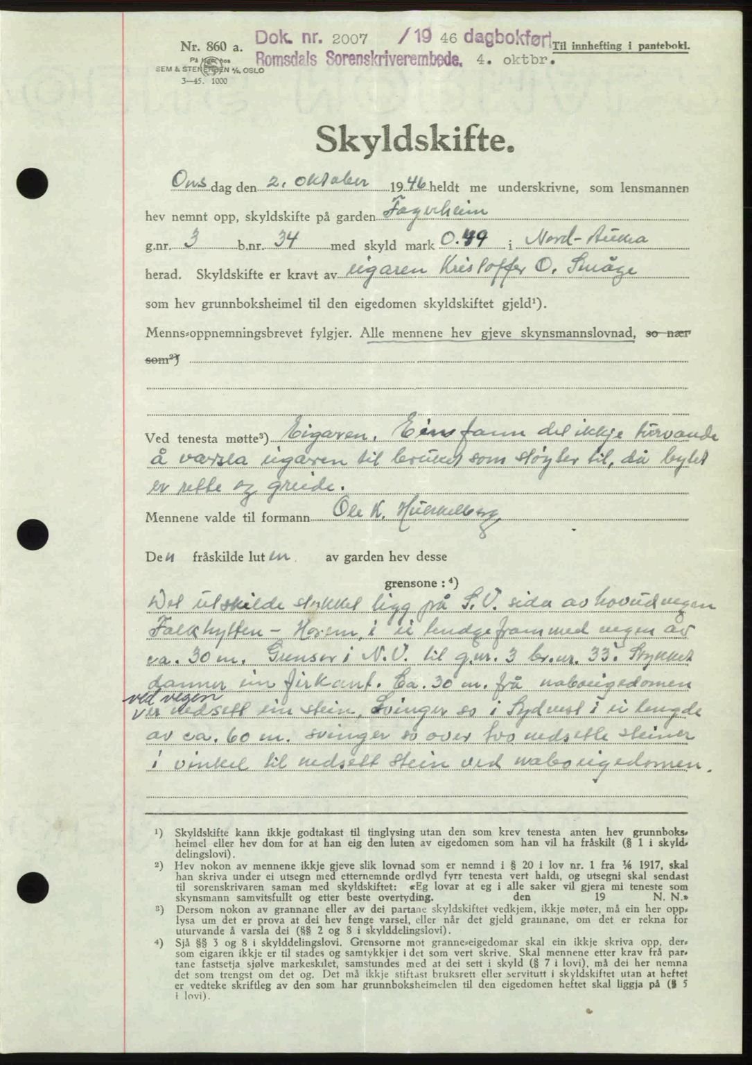 Romsdal sorenskriveri, AV/SAT-A-4149/1/2/2C: Pantebok nr. A21, 1946-1946, Dagboknr: 2007/1946