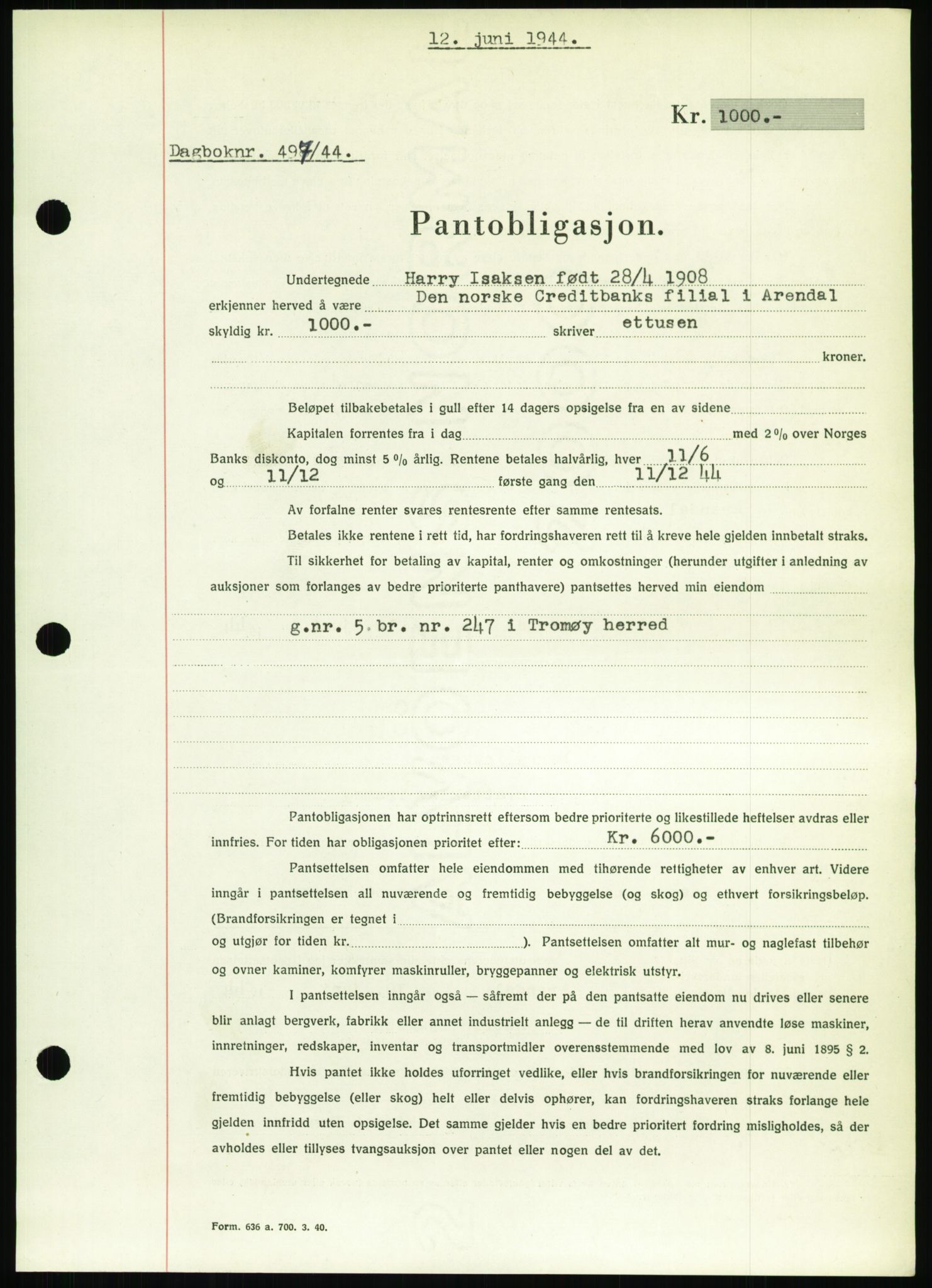Nedenes sorenskriveri, SAK/1221-0006/G/Gb/Gbb/L0002: Pantebok nr. II, 1942-1945, Dagboknr: 497/1944