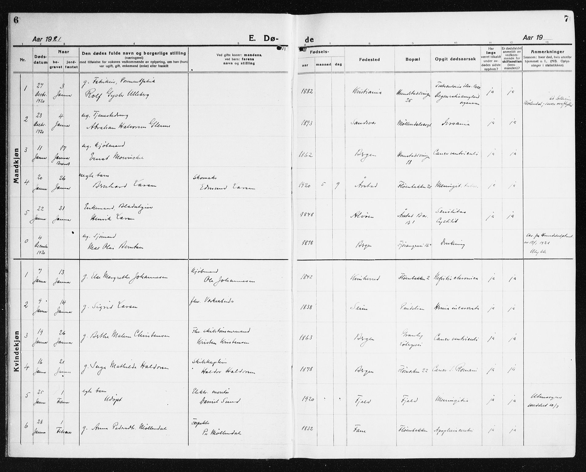 Årstad Sokneprestembete, AV/SAB-A-79301/H/Haa/L0010: Ministerialbok nr. E 1, 1921-1940, s. 6-7