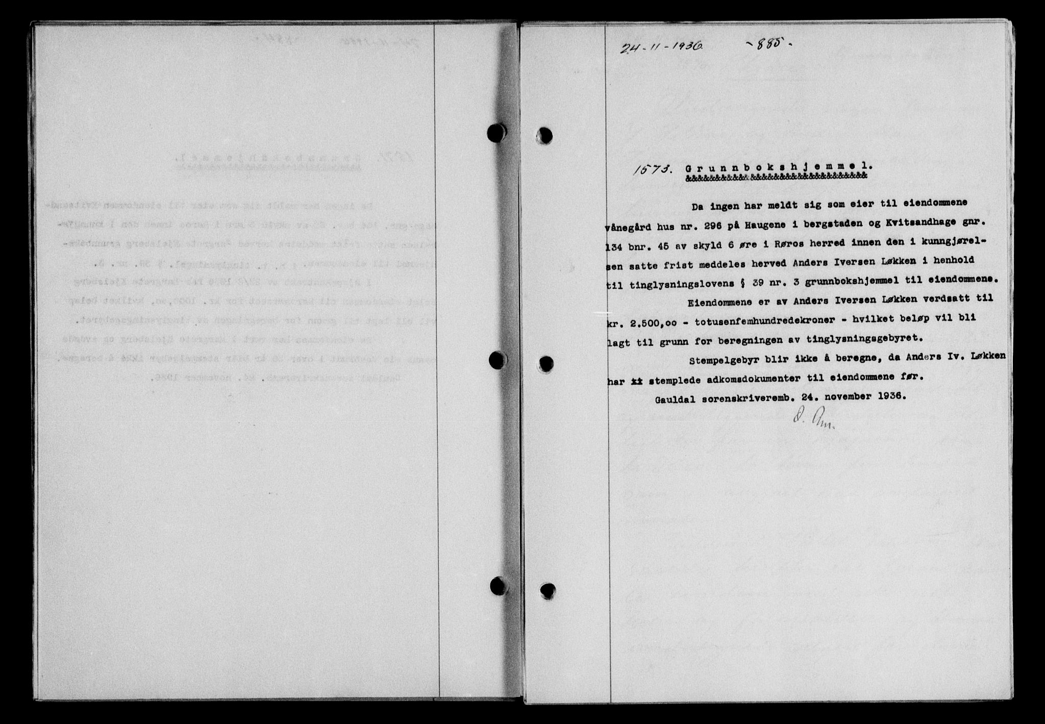 Gauldal sorenskriveri, SAT/A-0014/1/2/2C/L0046: Pantebok nr. 49-50, 1936-1937, Dagboknr: 1573/1936