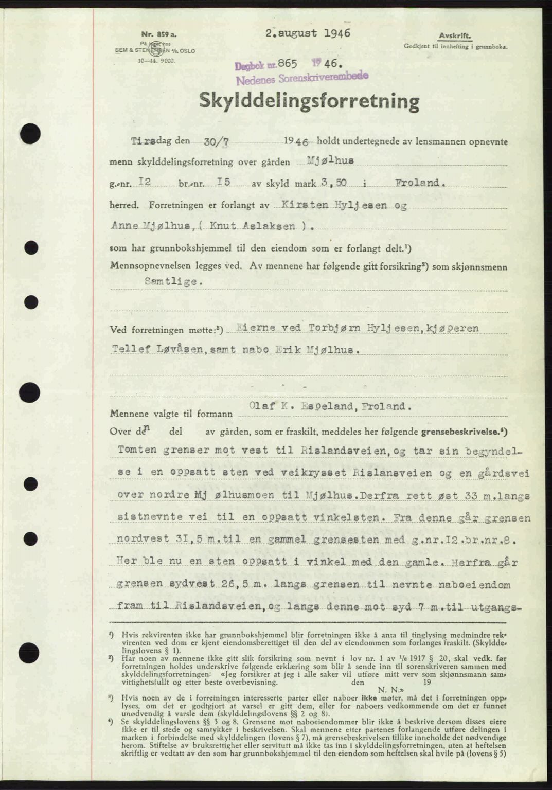 Nedenes sorenskriveri, SAK/1221-0006/G/Gb/Gba/L0055: Pantebok nr. A7, 1946-1946, Dagboknr: 865/1946