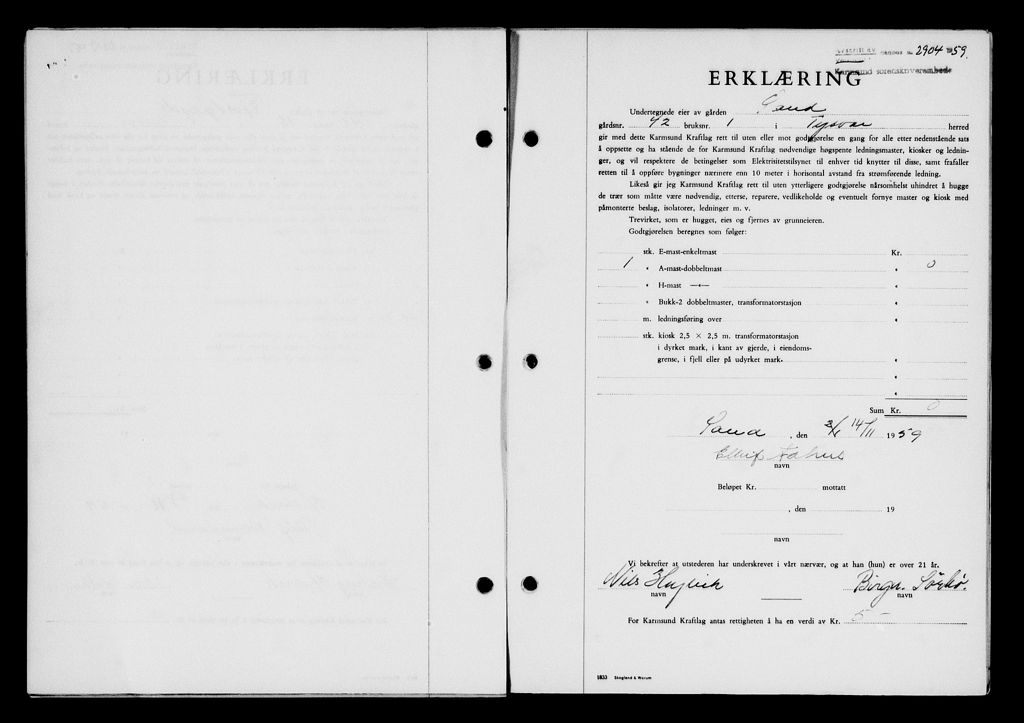 Karmsund sorenskriveri, SAST/A-100311/01/II/IIB/L0132: Pantebok nr. 112A, 1959-1959, Dagboknr: 2904/1959