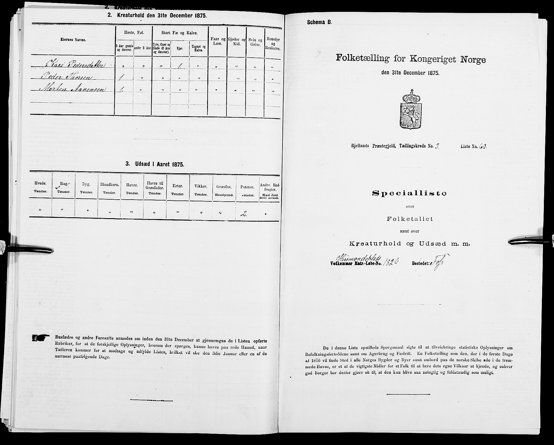 SAK, Folketelling 1875 for 1024P Bjelland prestegjeld, 1875, s. 385