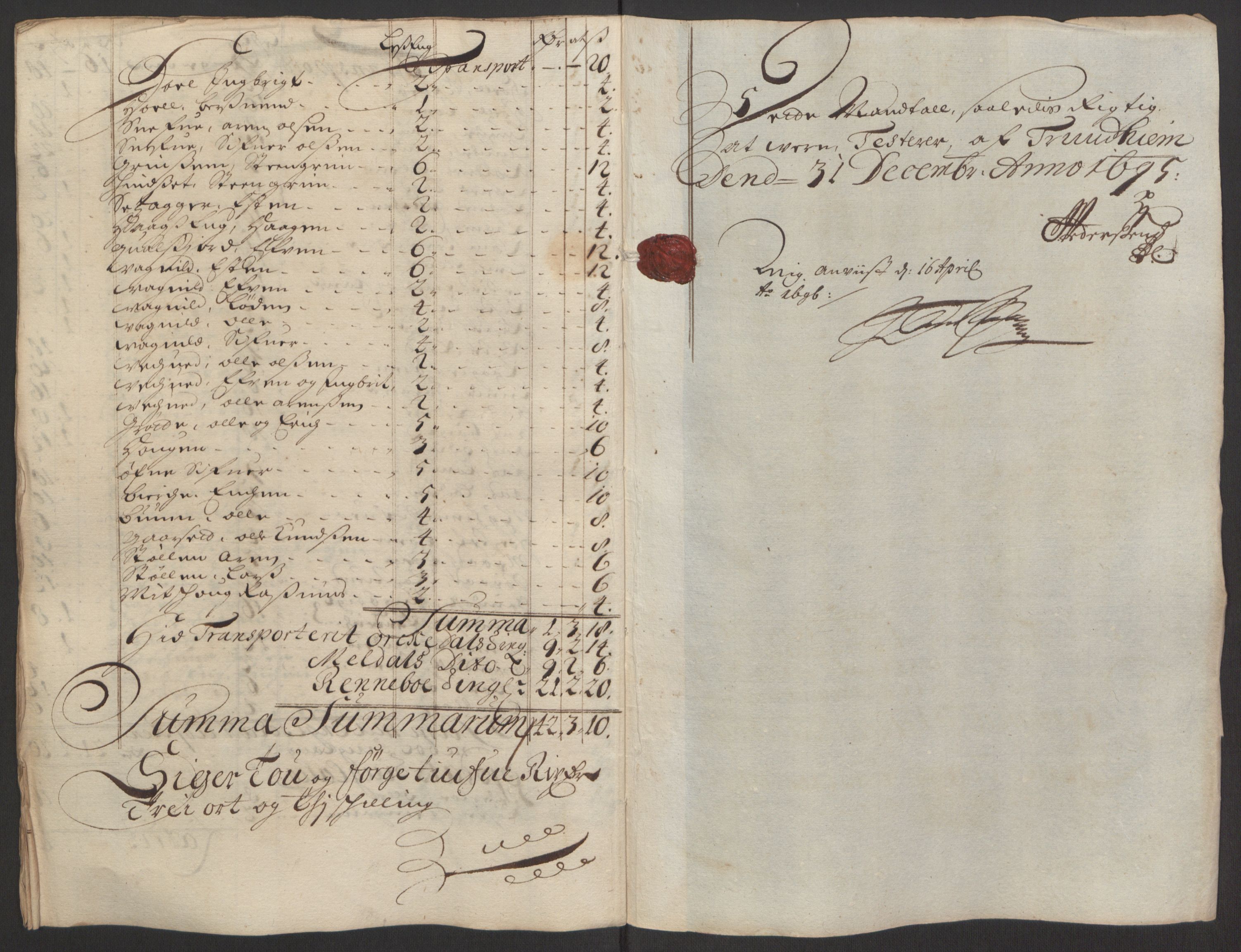 Rentekammeret inntil 1814, Reviderte regnskaper, Fogderegnskap, RA/EA-4092/R60/L3945: Fogderegnskap Orkdal og Gauldal, 1695, s. 165