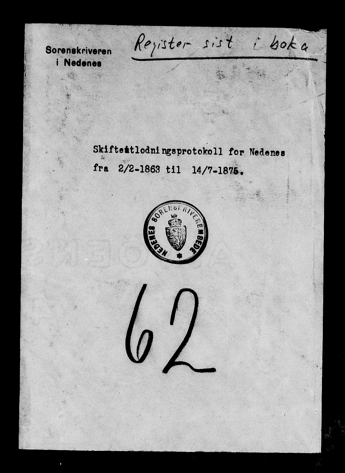 Nedenes sorenskriveri, SAK/1221-0006/H/Hc/L0016: Skifteutlodningsprotokoll nr 2 med register, 1863-1875